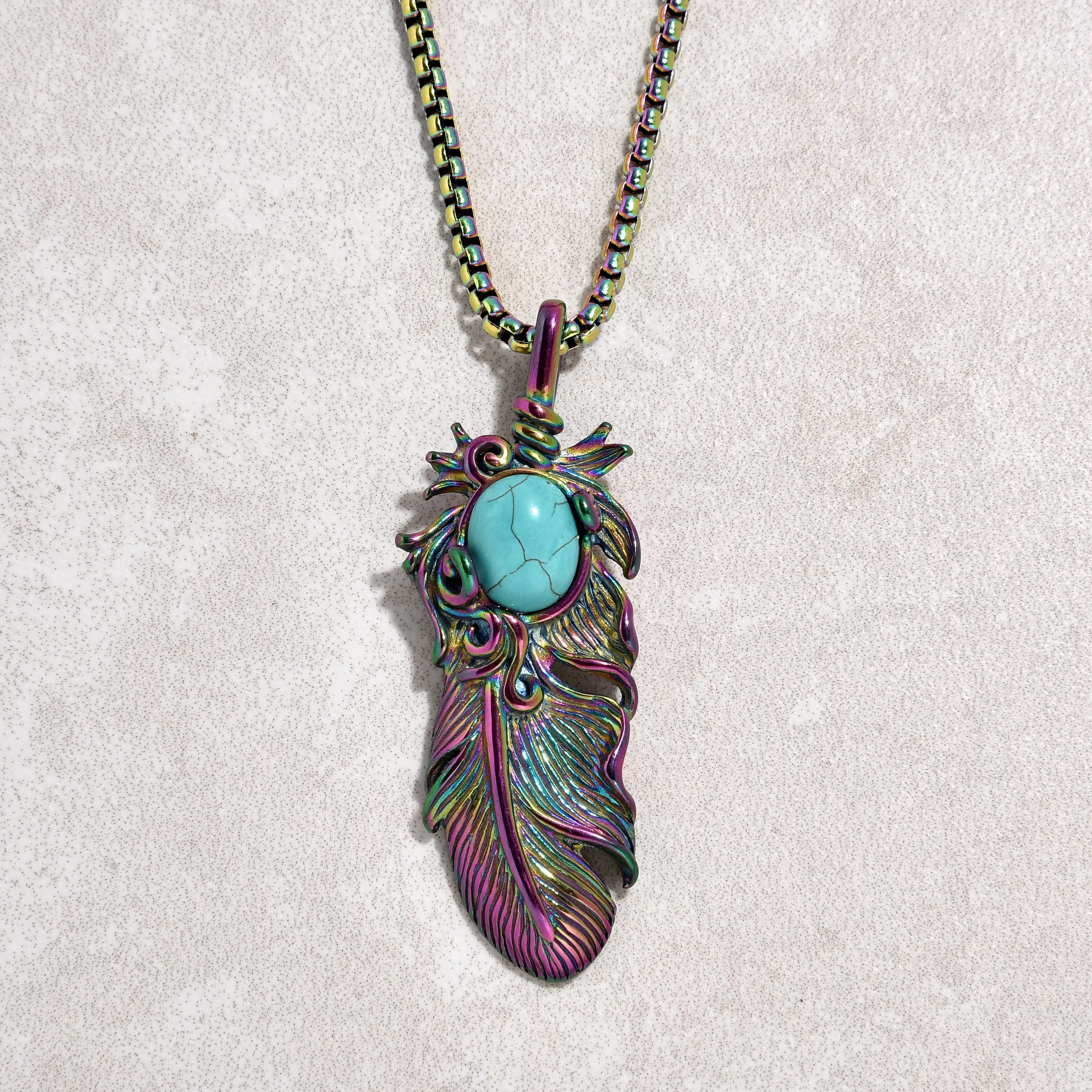 Aurora Borealis Turquoise Feather Steel Hearts Necklace