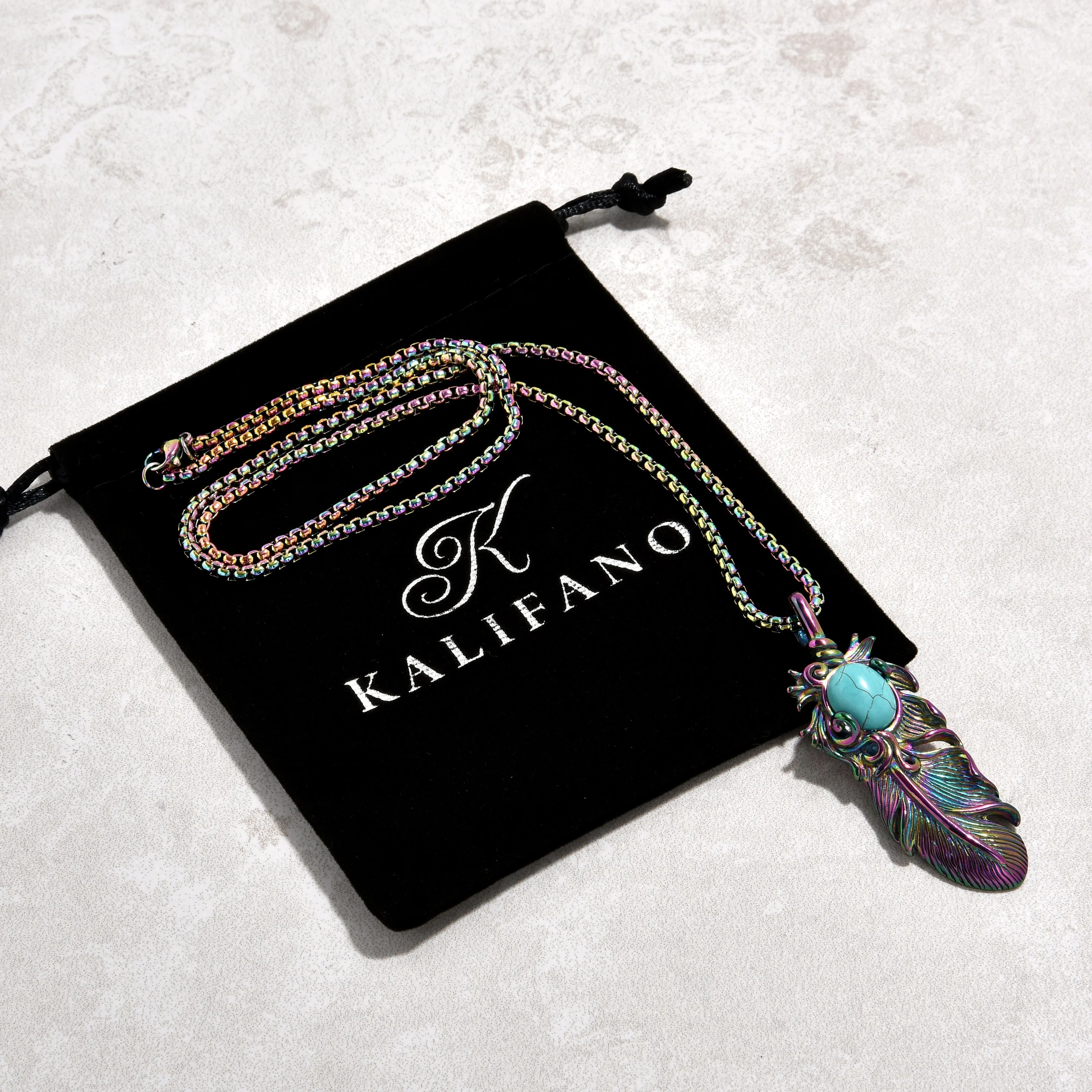 Aurora Borealis Turquoise Feather Steel Hearts Necklace