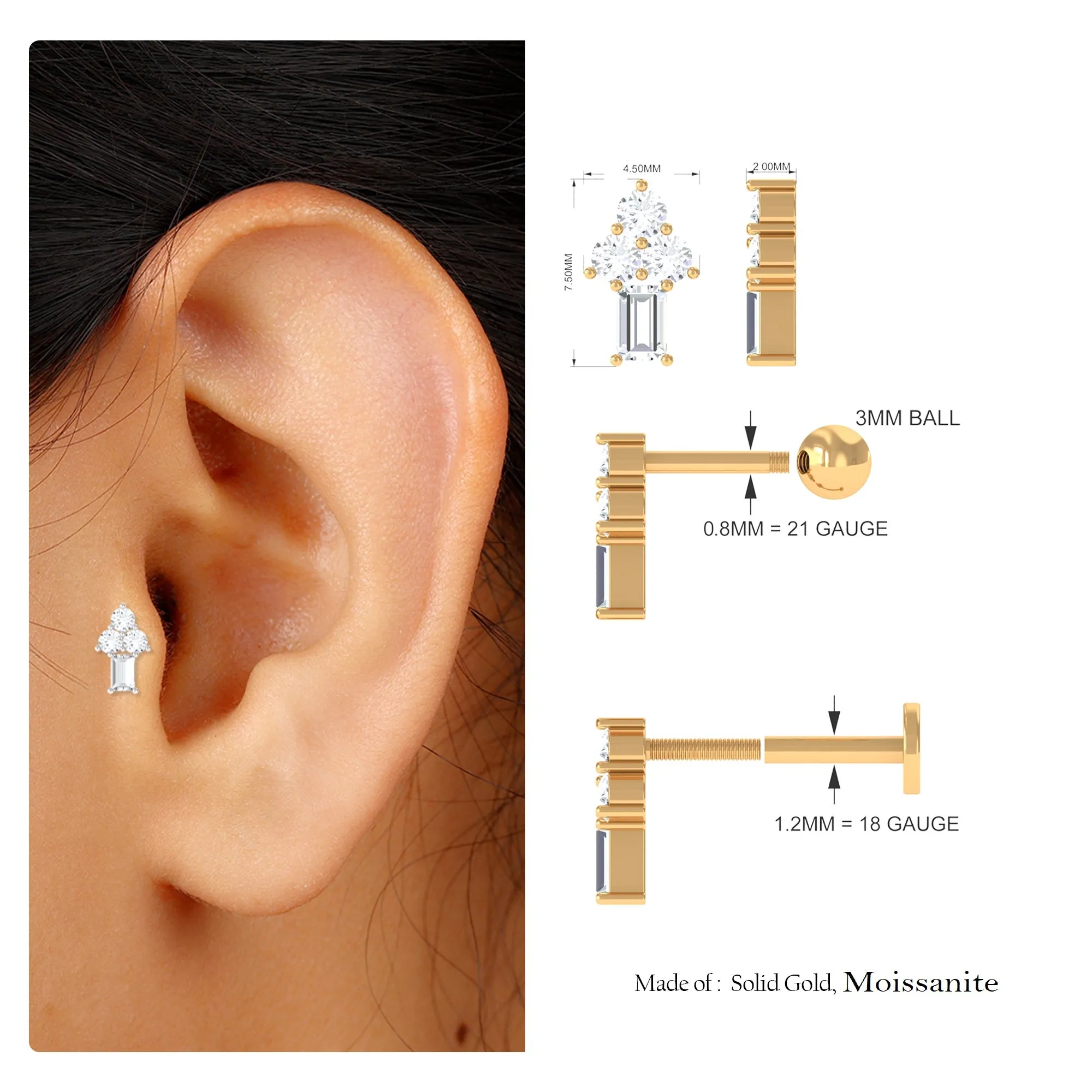 Baguette Moissanite Cluster Earring for Tragus Piercing