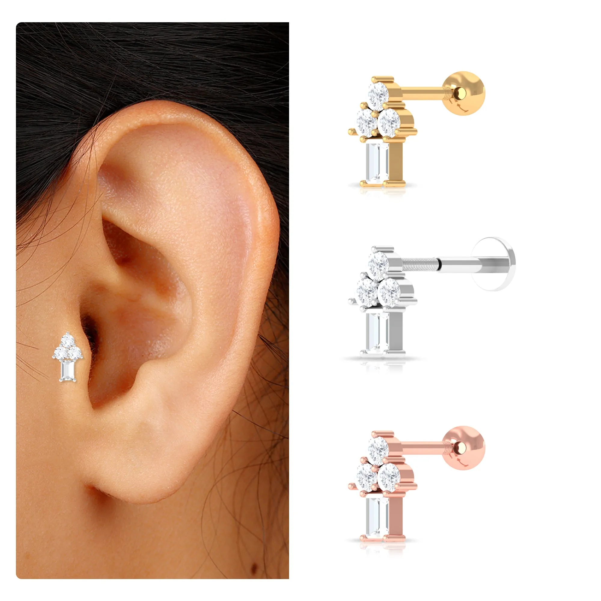 Baguette Moissanite Cluster Earring for Tragus Piercing