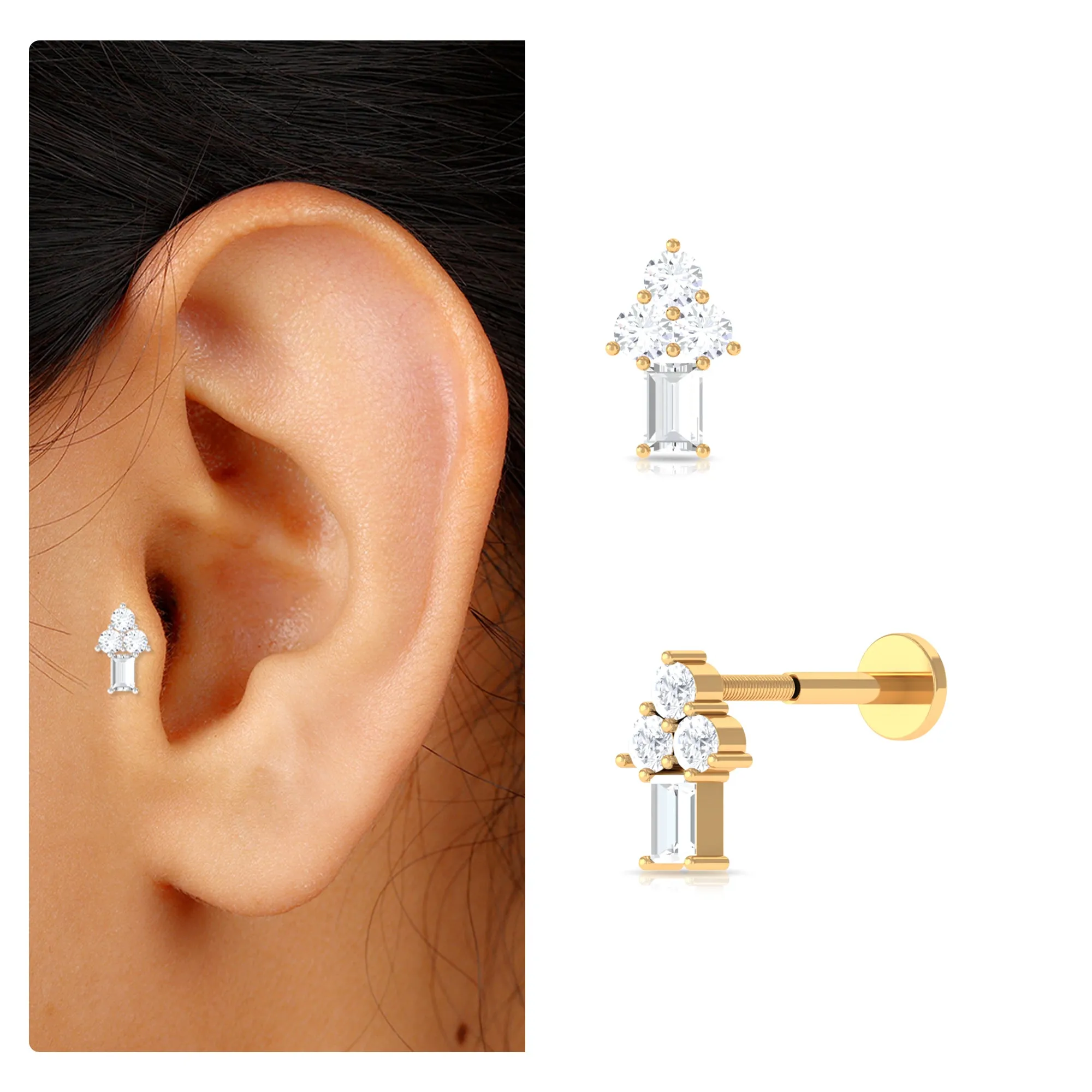 Baguette Moissanite Cluster Earring for Tragus Piercing