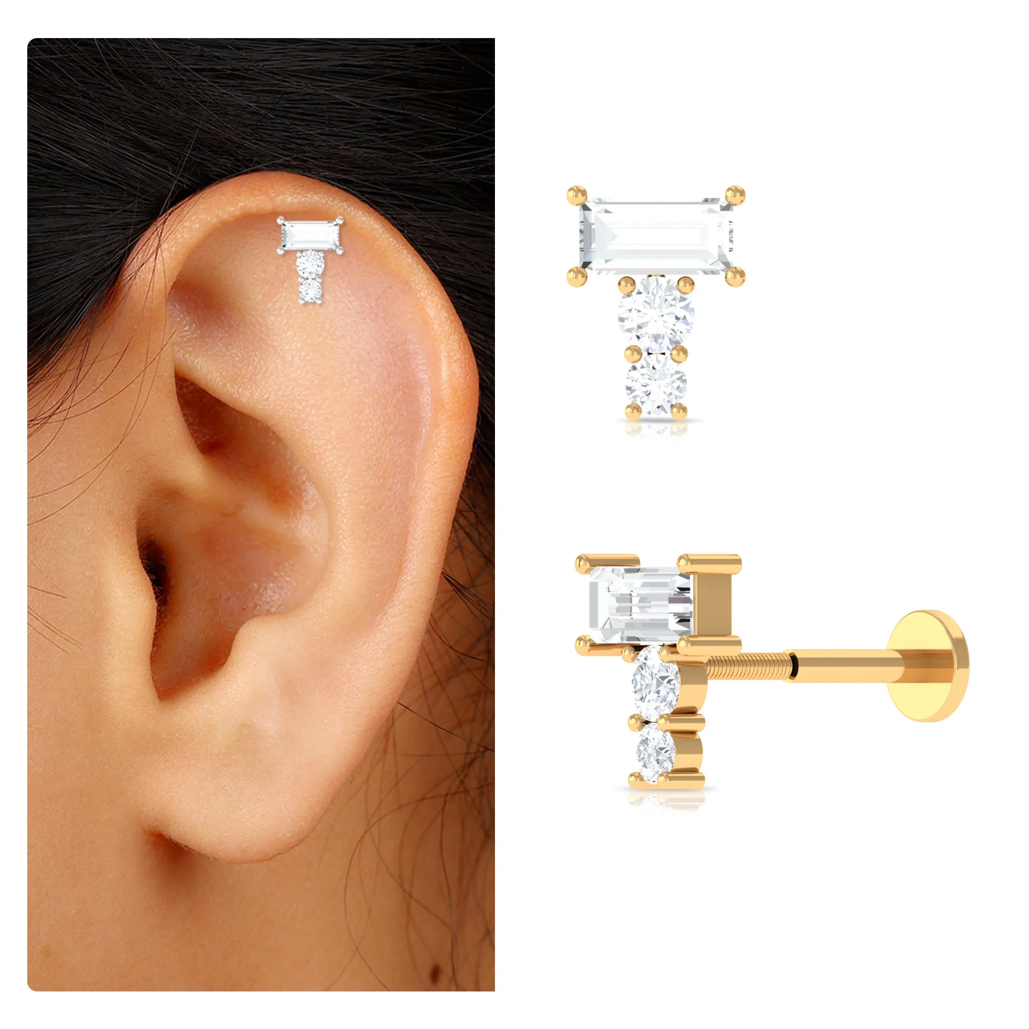 Baguette Moissanite Three Stone Cartilage Earring in Gold