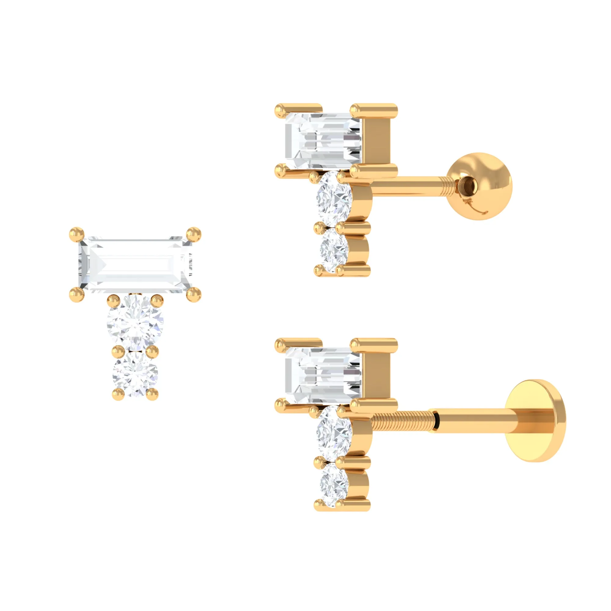 Baguette Moissanite Three Stone Cartilage Earring in Gold