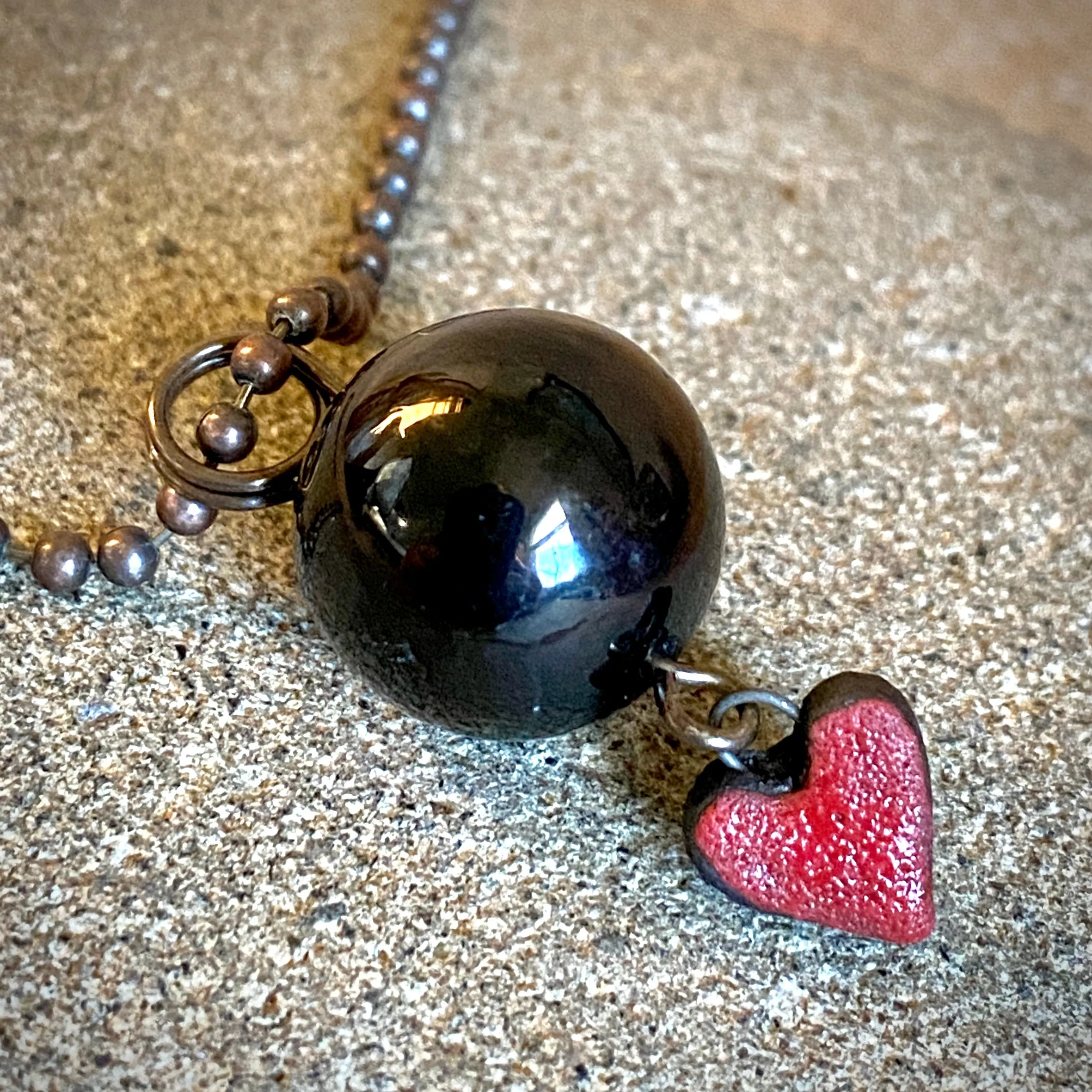 Ball & Chain Necklace, Shungite Bead, Antiqued Brass, Heart Charm