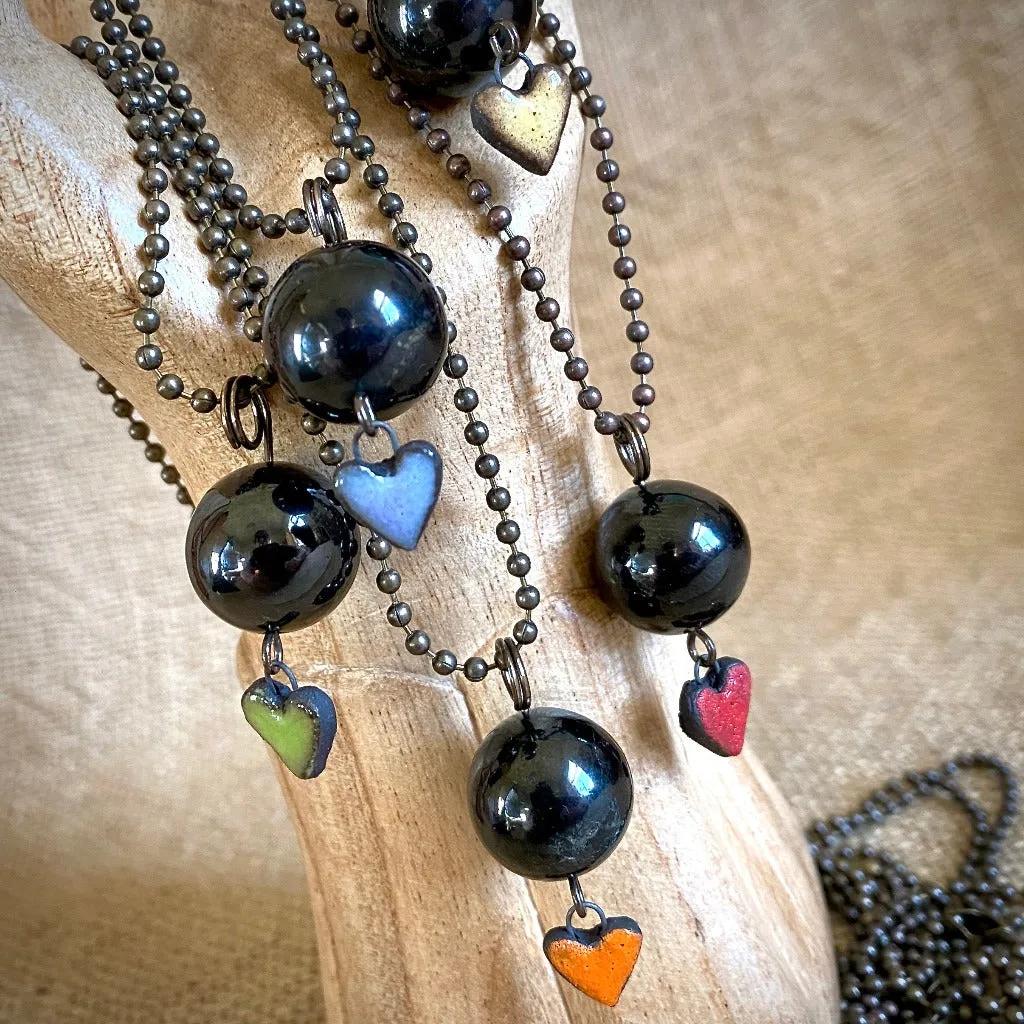 Ball & Chain Necklace, Shungite Bead, Antiqued Brass, Heart Charm