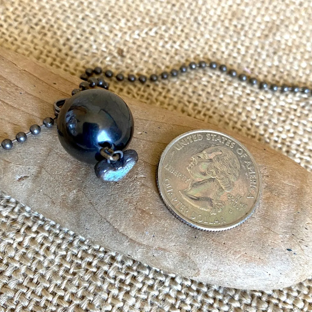 Ball & Chain Necklace, Shungite Bead, Antiqued Brass, Heart Charm