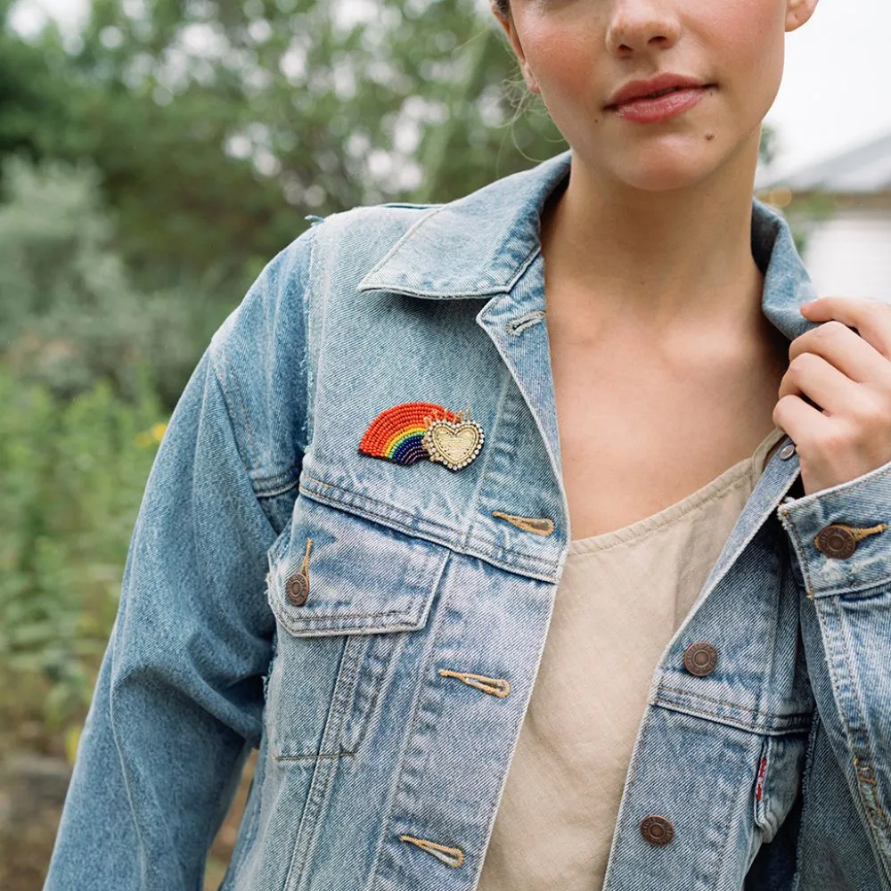 Beaded Brooch Pin - Rainbow & Heart