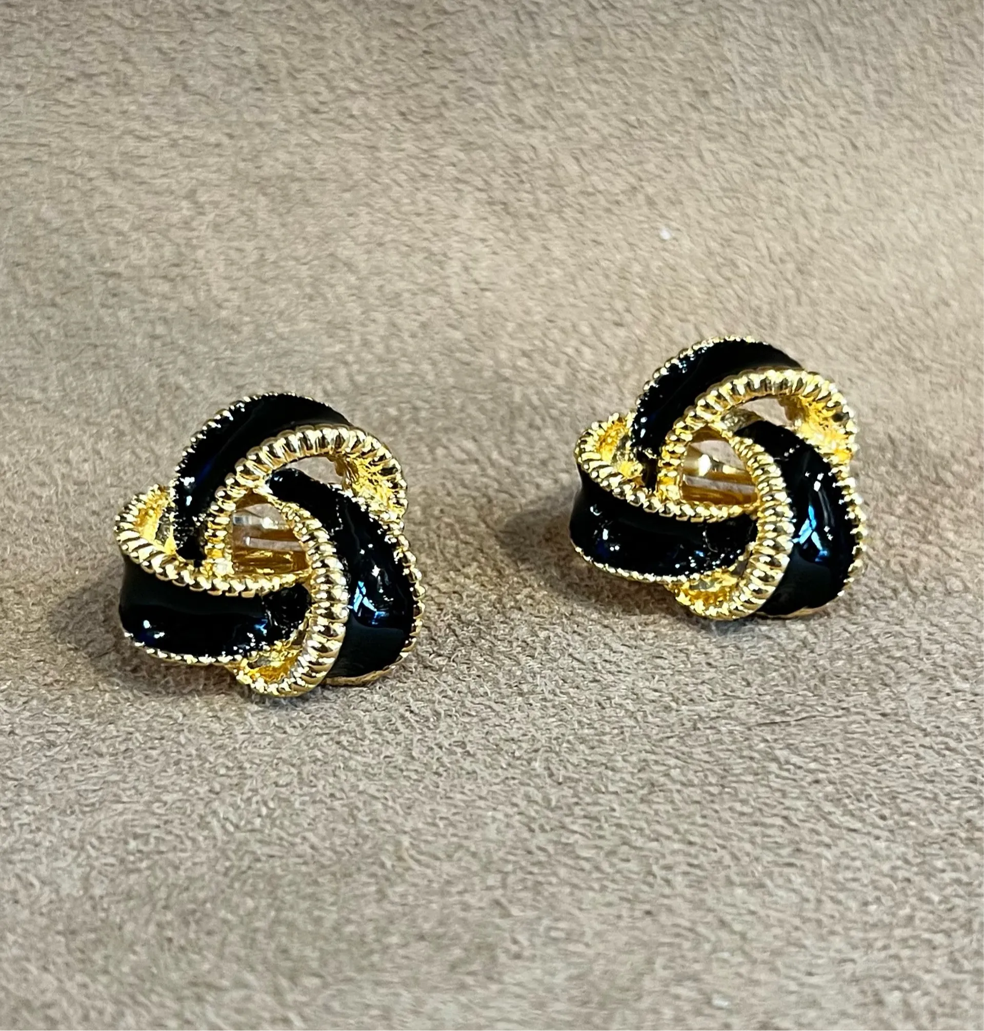 Black Enamel Vintage Clip On Knot Earrings