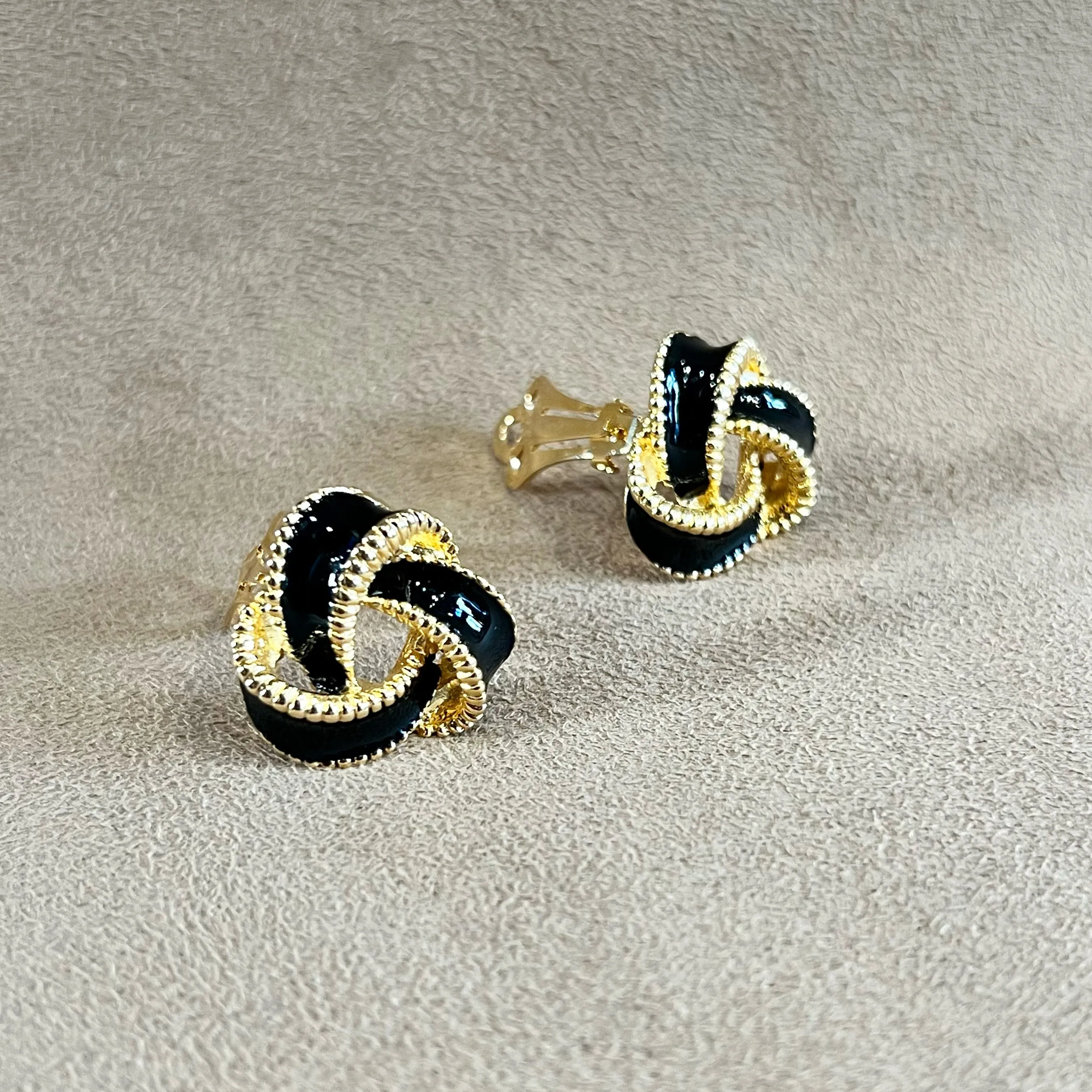 Black Enamel Vintage Clip On Knot Earrings