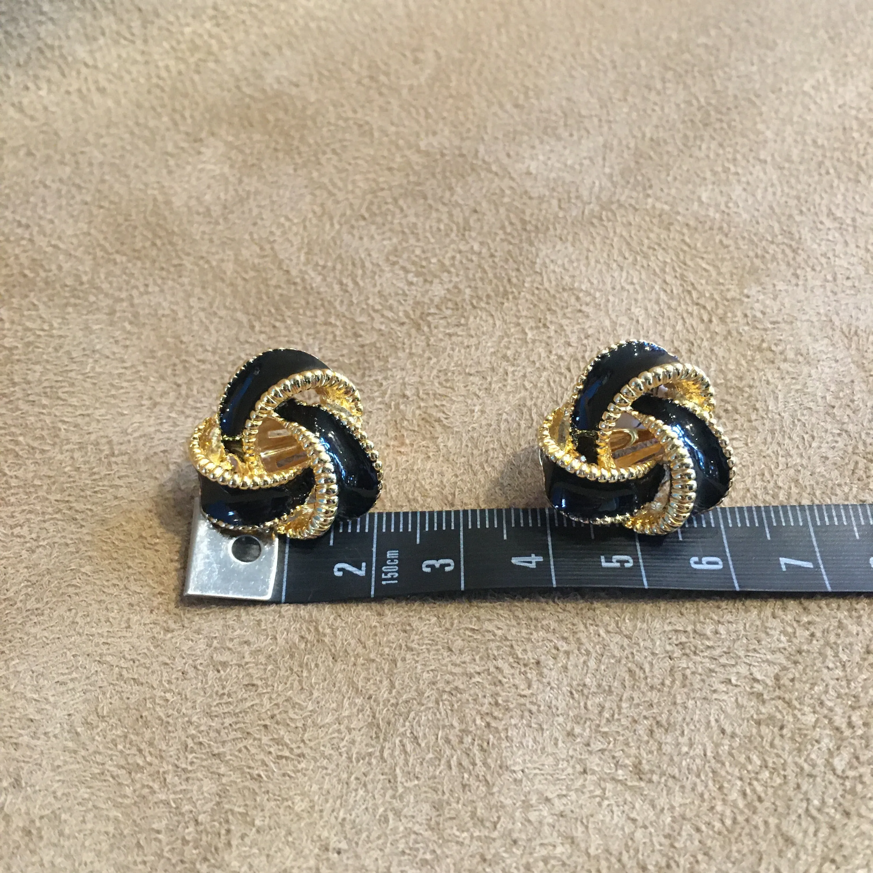 Black Enamel Vintage Clip On Knot Earrings