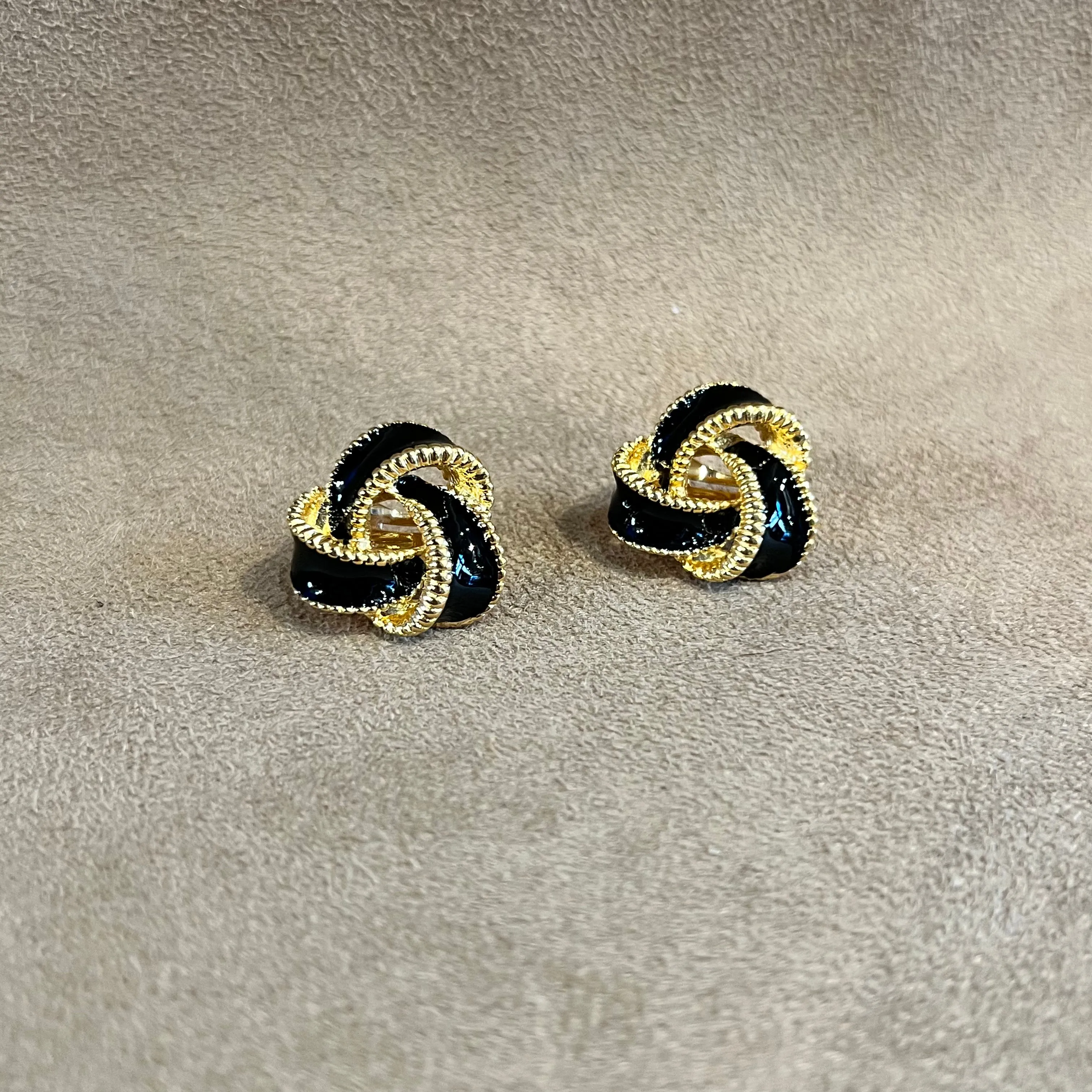 Black Enamel Vintage Clip On Knot Earrings