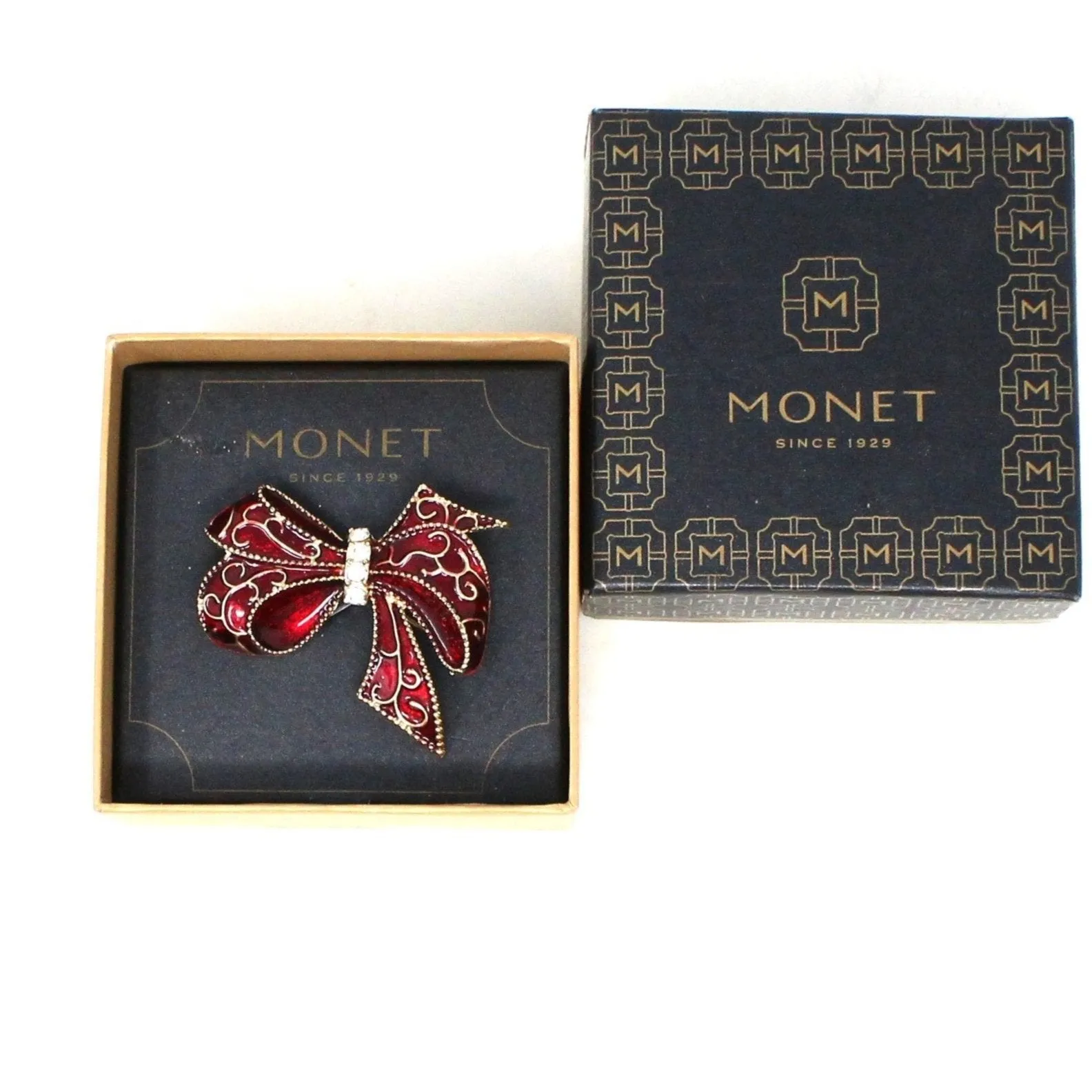 Brooch / Pin, Monet, Red Enamel Bow with Rhinestones, Christmas Jewelry, Original Box, Vintage