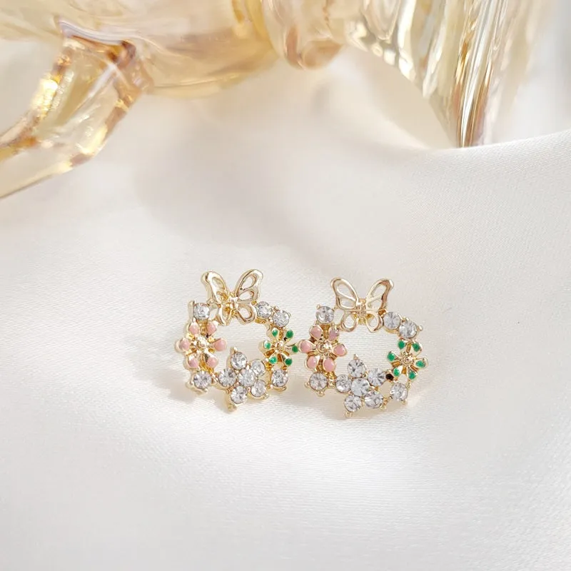 Butterflies Flower Wreath Circle Crystal Rhinestone Invisible Clip On Stud Earrings