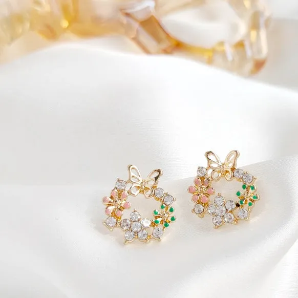 Butterflies Flower Wreath Circle Crystal Rhinestone Invisible Clip On Stud Earrings