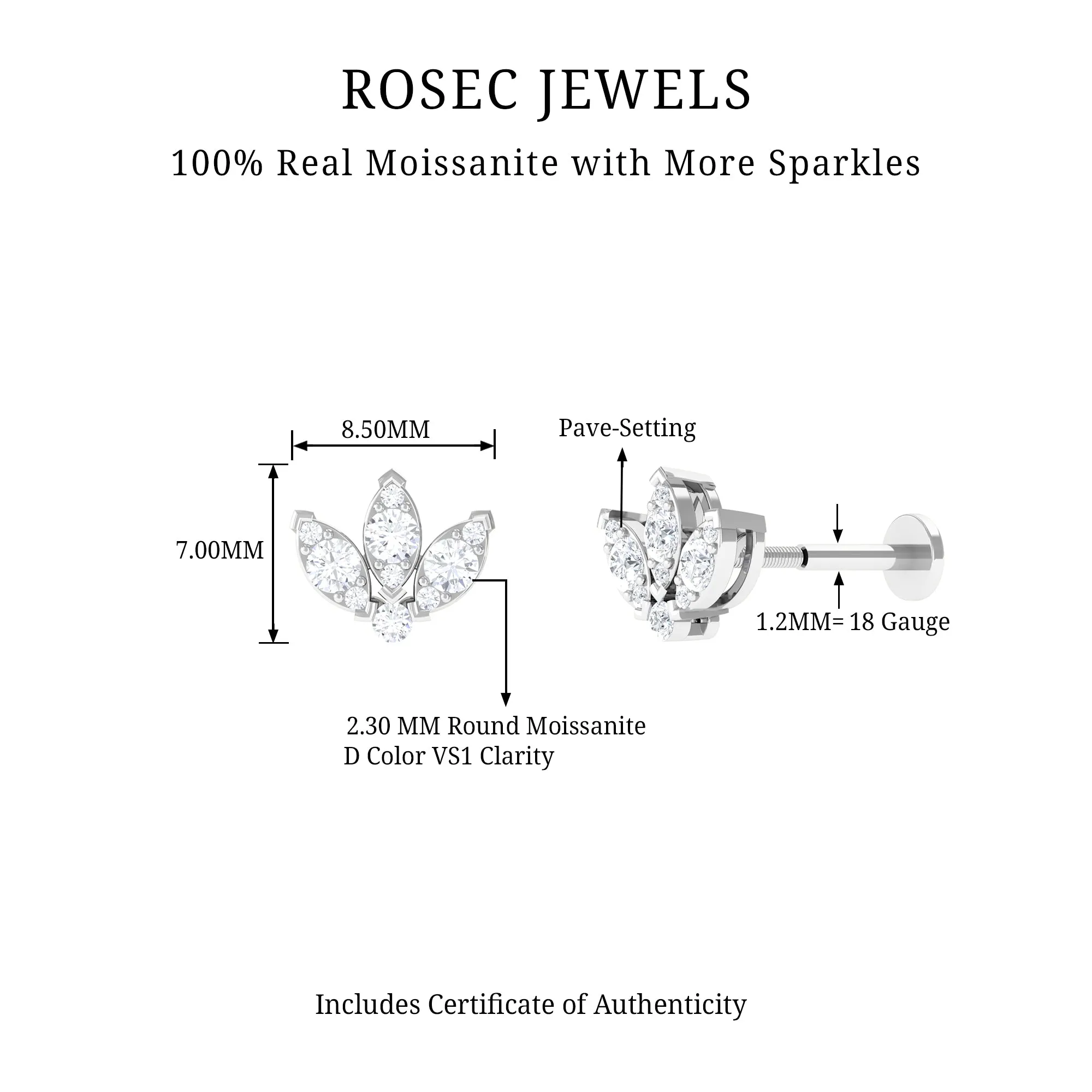 Certified Moissanite Lotus Earring for Cartilage Piercing