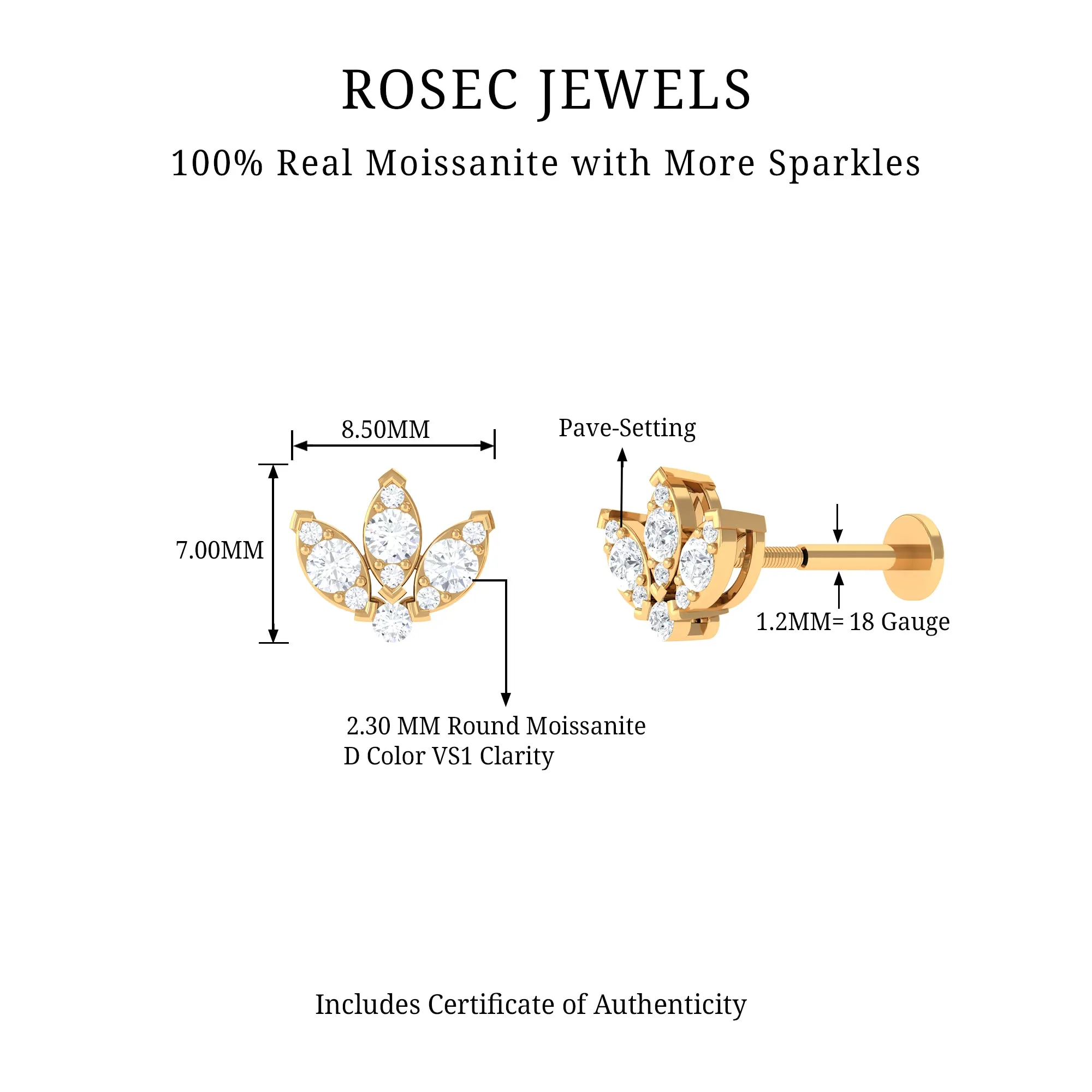 Certified Moissanite Lotus Earring for Cartilage Piercing