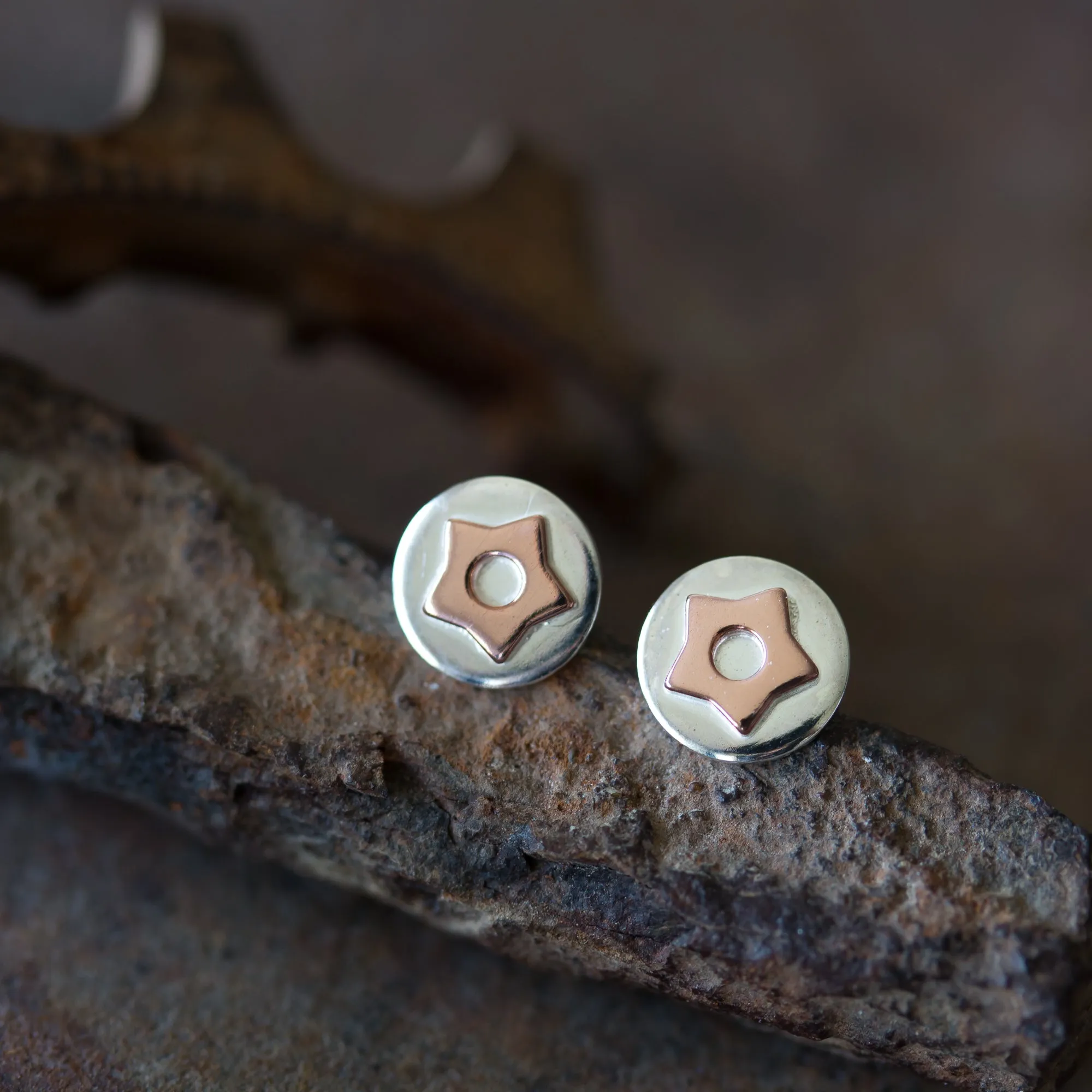 Copper Star Stud Earrings, Sterling Silver with Copper Accent