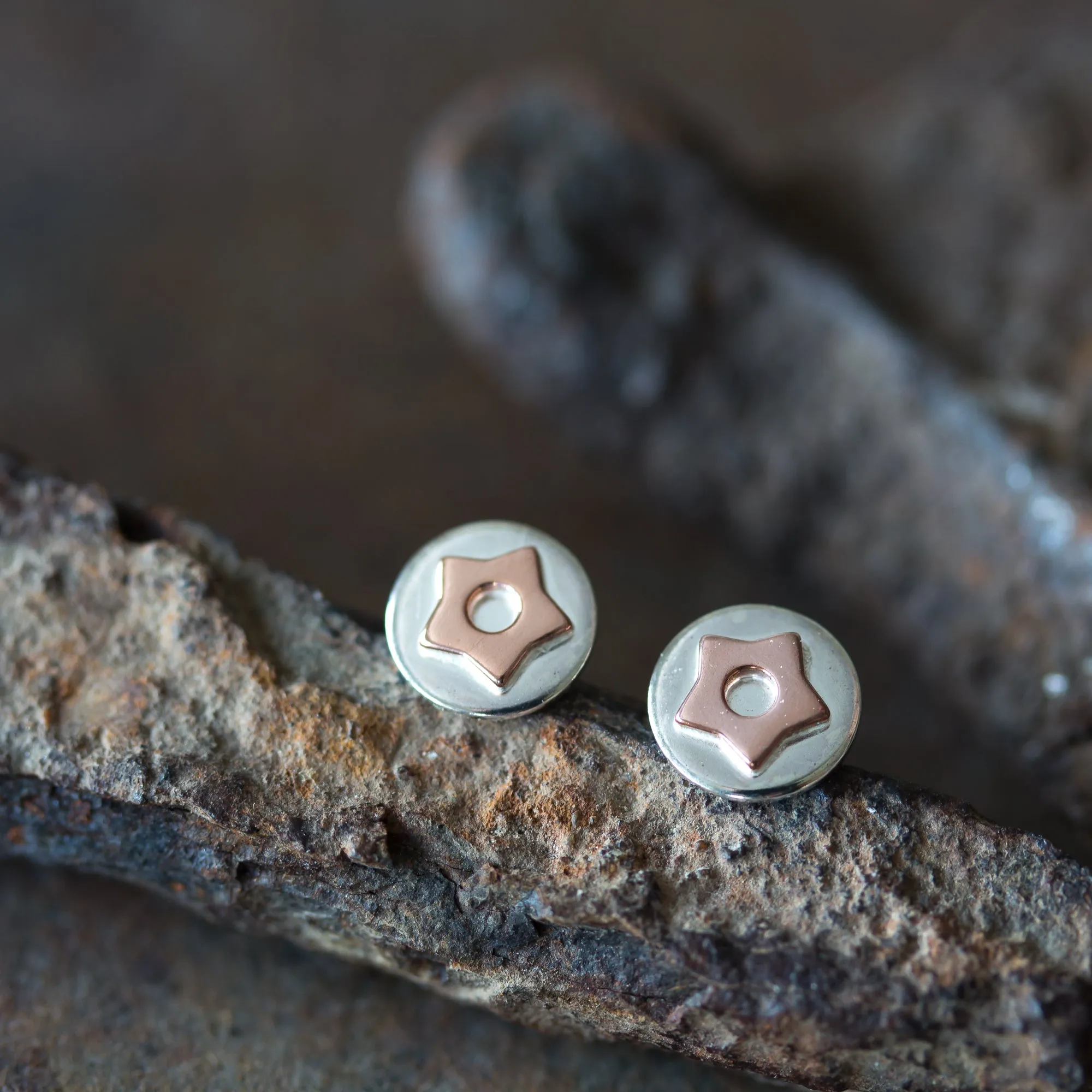 Copper Star Stud Earrings, Sterling Silver with Copper Accent