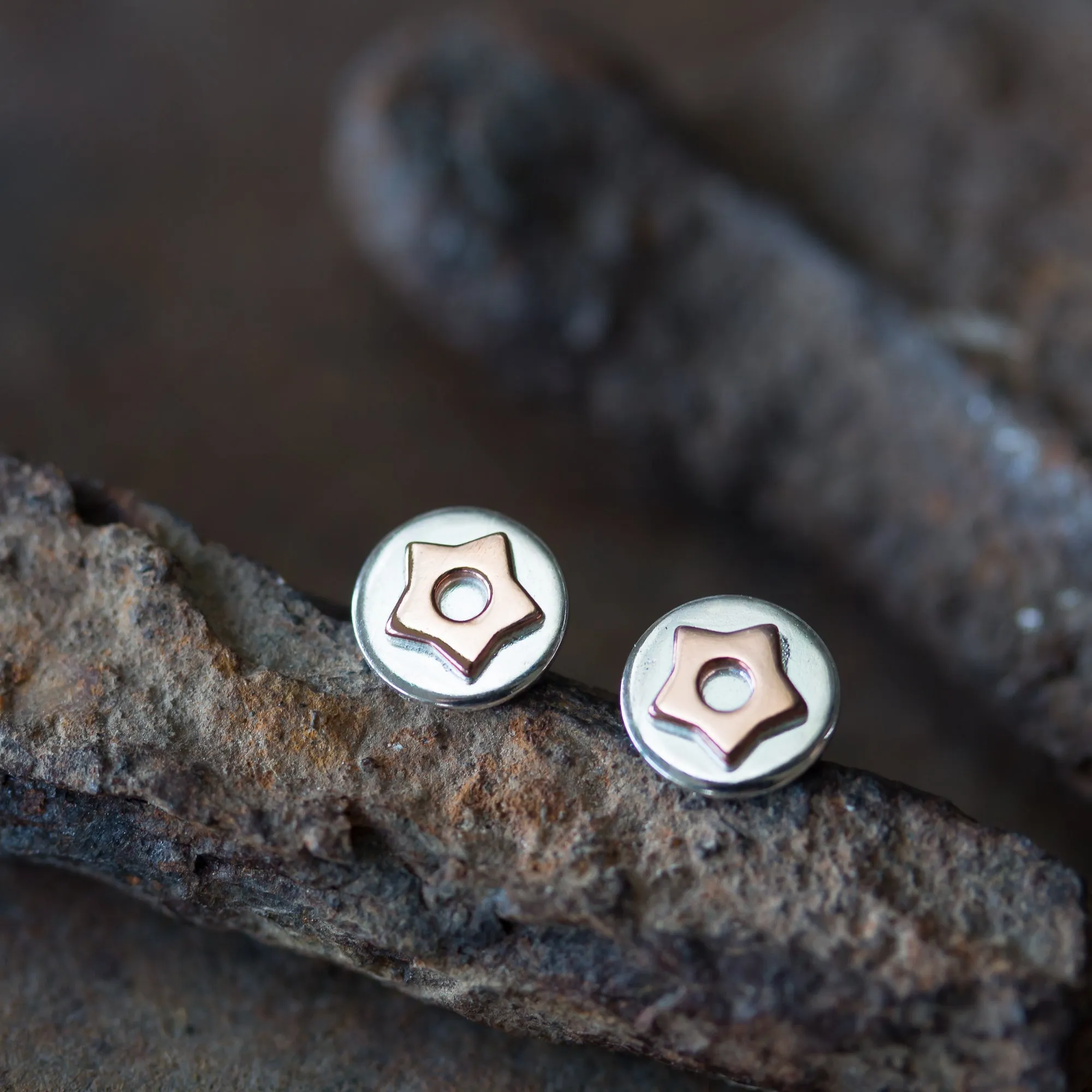 Copper Star Stud Earrings, Sterling Silver with Copper Accent