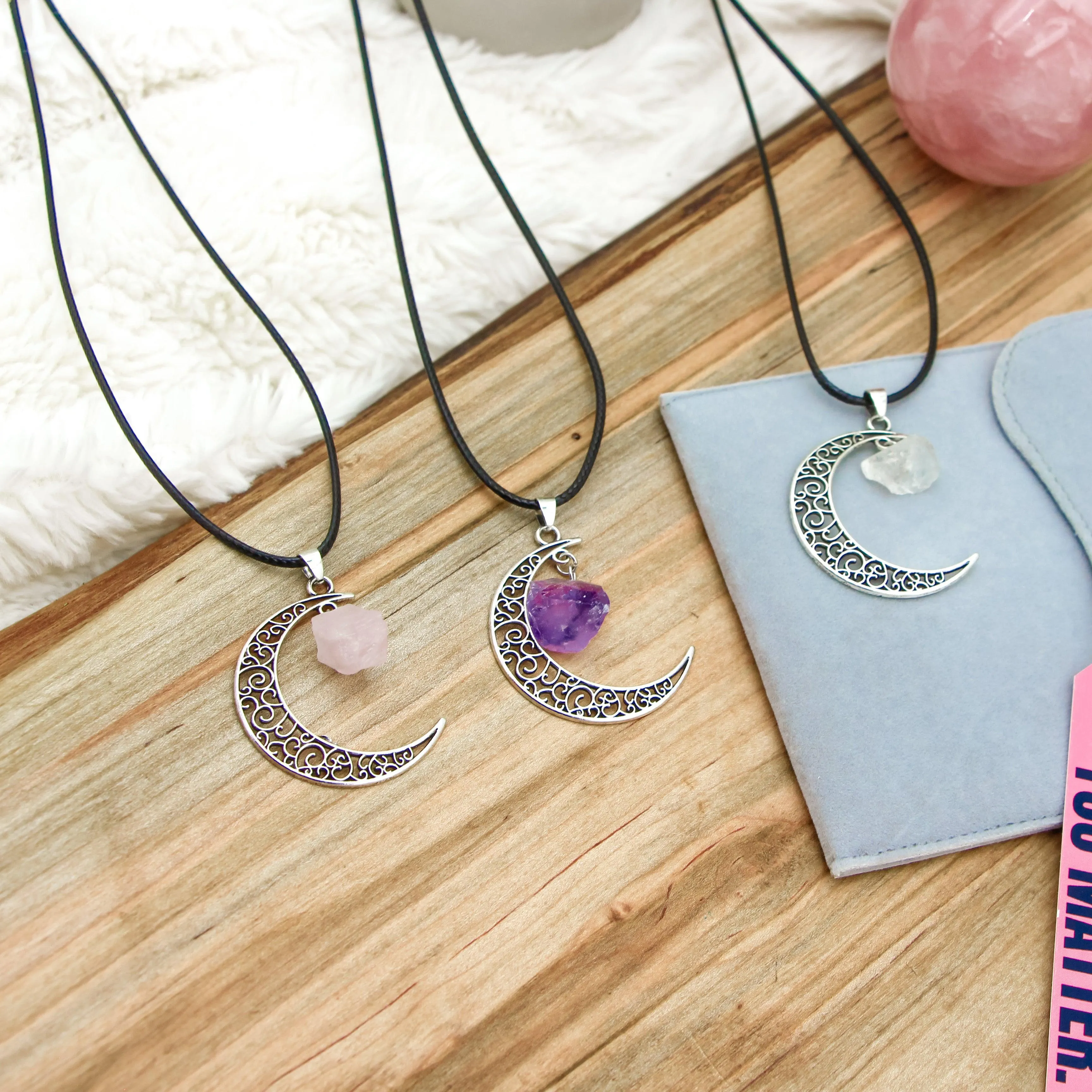 Crescent Moon Gemstone Necklace – Embrace the Moon’s Healing Energy