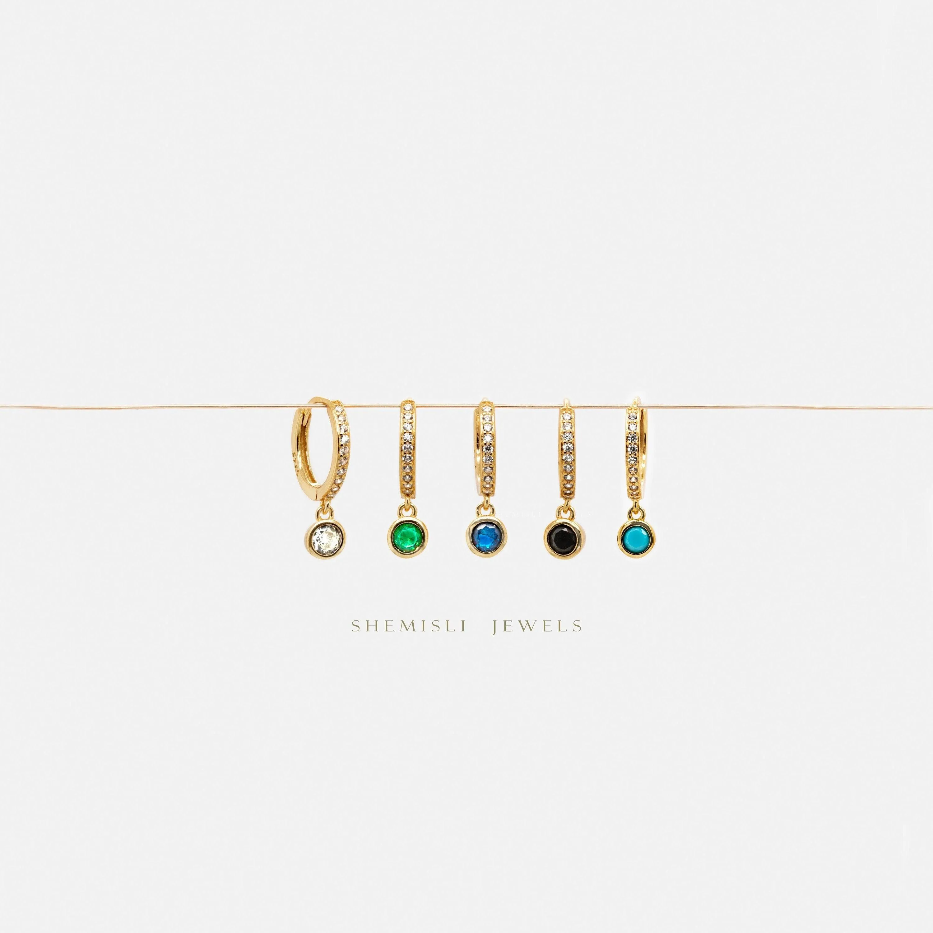 CZ Hoop Earrings, Huggies, White Stone, Emerald, Turquoise, Sapphire, Black Stone, Gold, Silver SHEMISLI SH300, SH258, SH301, SH302, SH202