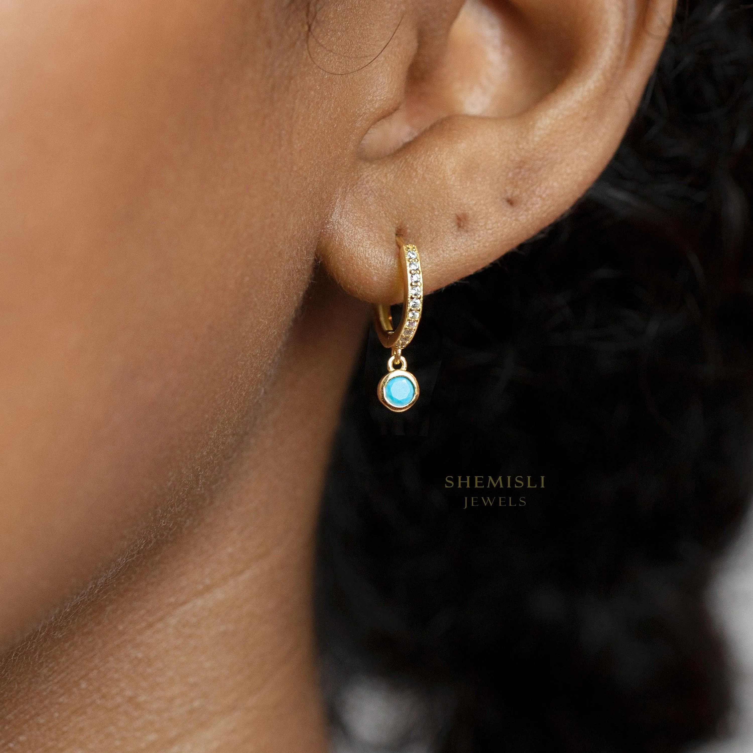 CZ Hoop Earrings, Huggies, White Stone, Emerald, Turquoise, Sapphire, Black Stone, Gold, Silver SHEMISLI SH300, SH258, SH301, SH302, SH202