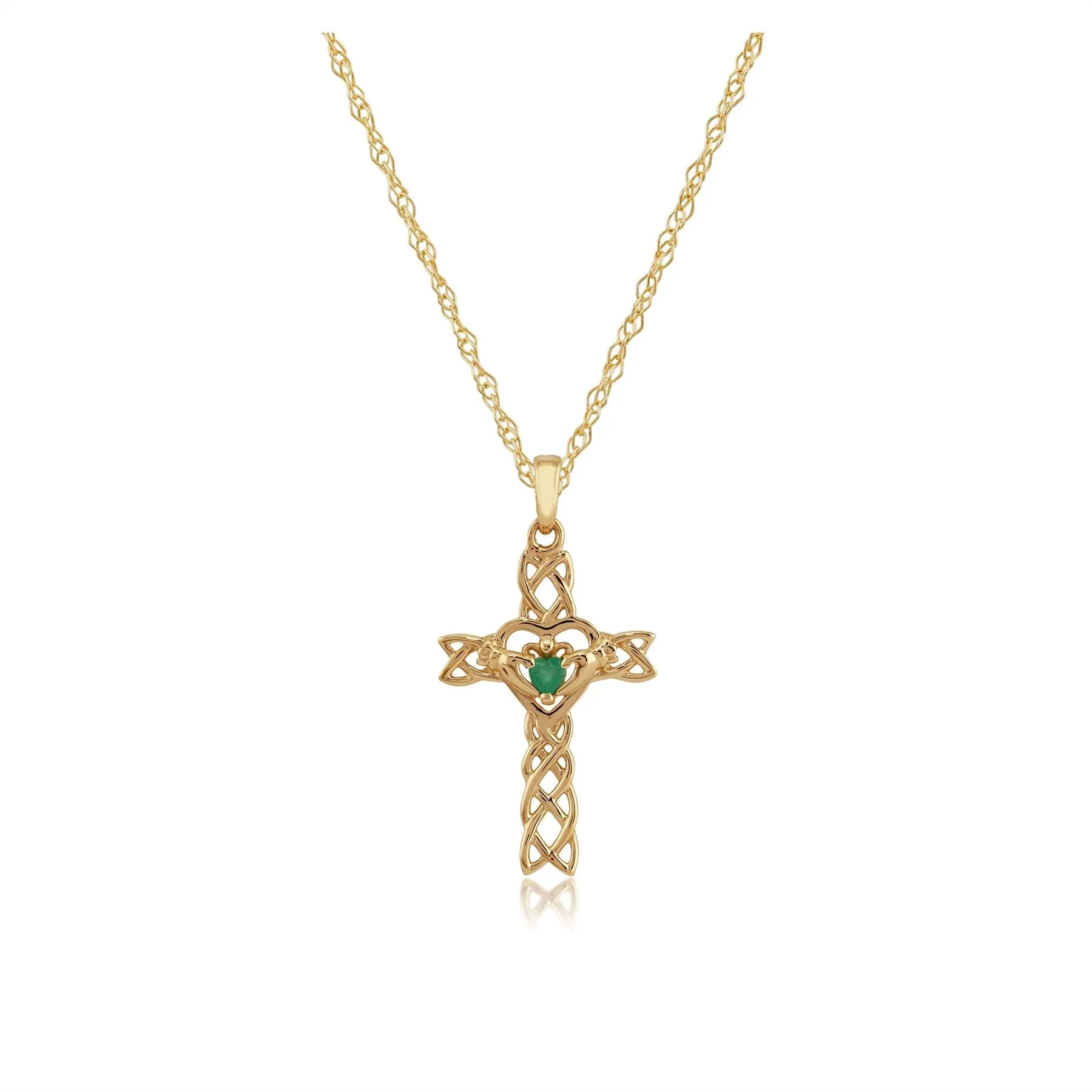 Damen 375 Gold 9ct Gelbgold Rund Smaragd Claddagh Stil Kreuz Halskette Grüner 45cm