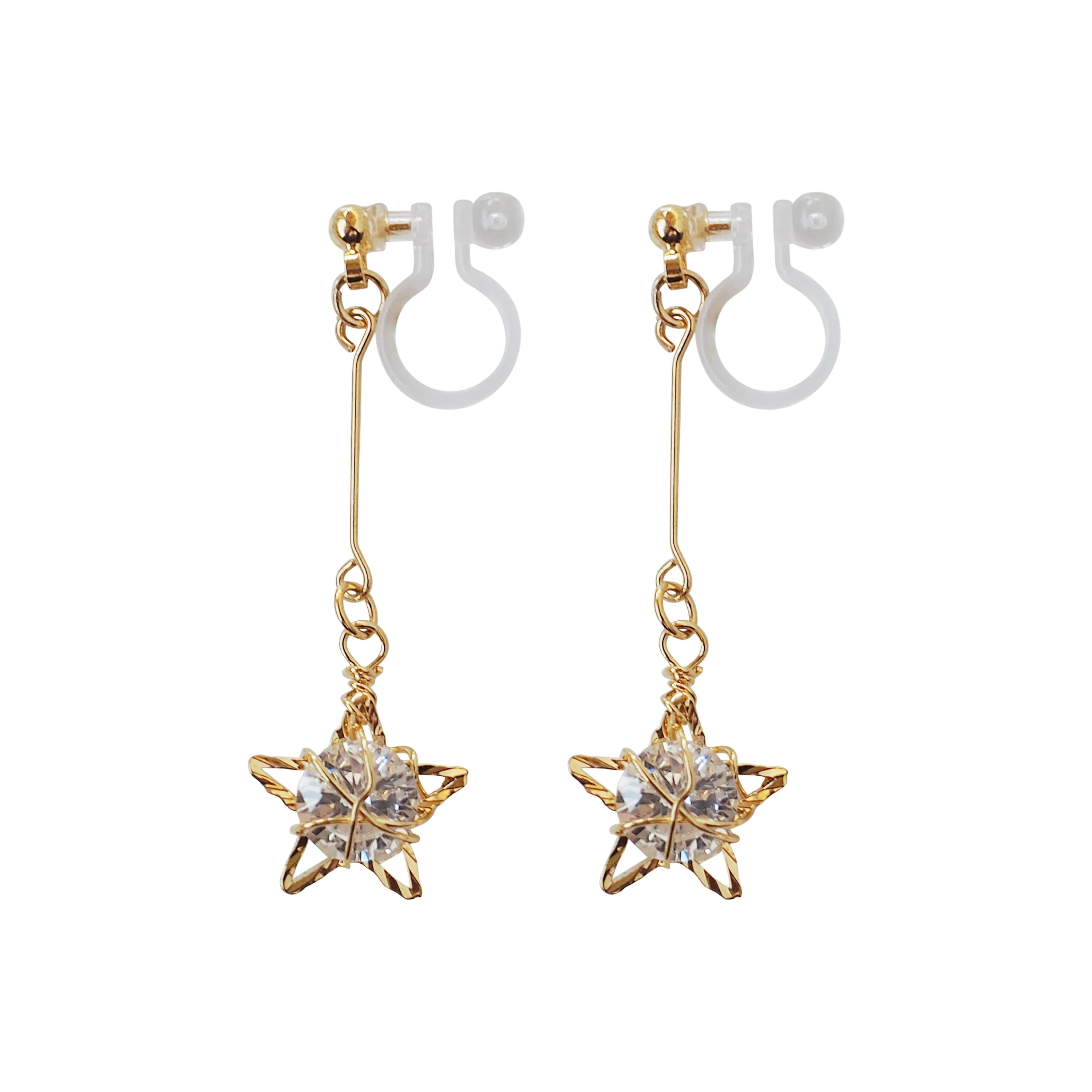 Dangle Gold Star & CZ Crystal Invisible Clip On Earrings