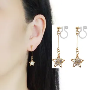 Dangle Gold Star & CZ Crystal Invisible Clip On Earrings