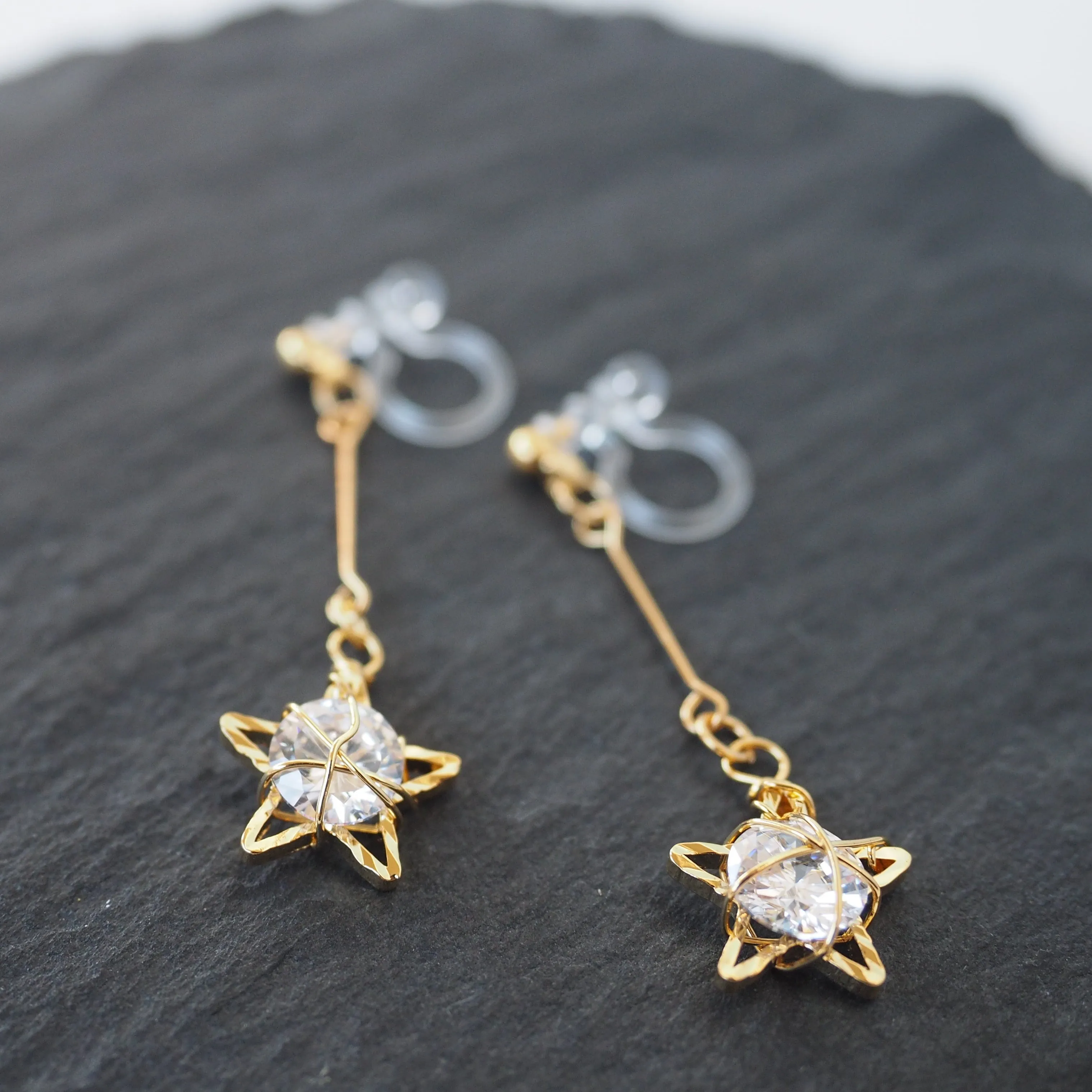 Dangle Gold Star & CZ Crystal Invisible Clip On Earrings