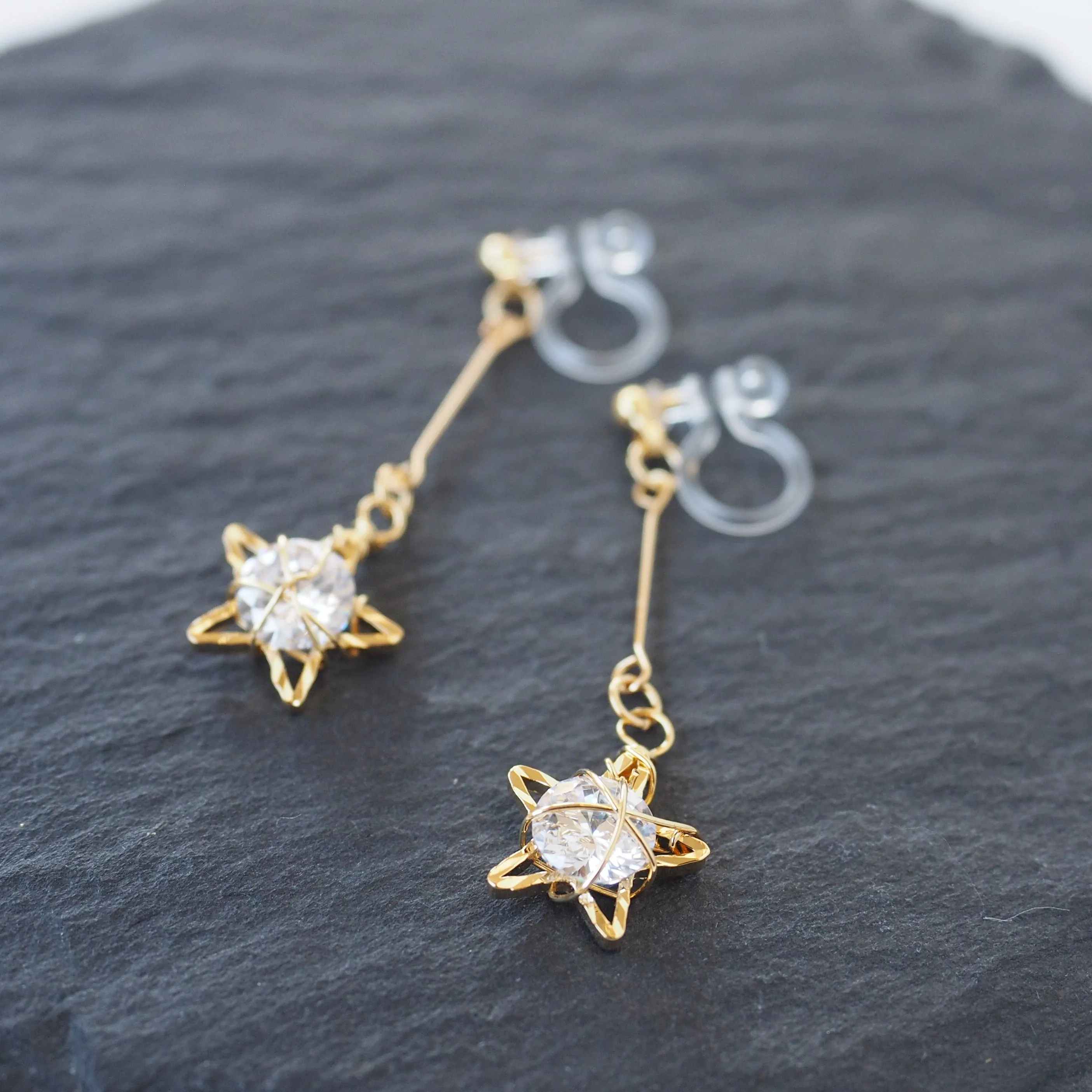 Dangle Gold Star & CZ Crystal Invisible Clip On Earrings