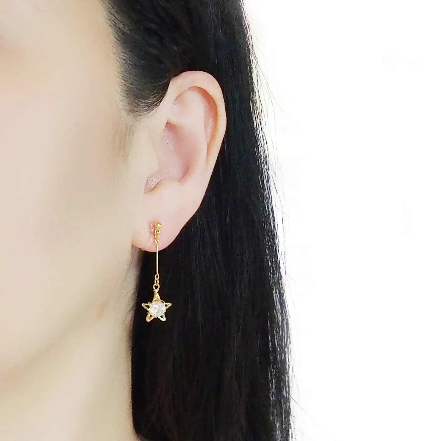 Dangle Gold Star & CZ Crystal Invisible Clip On Earrings