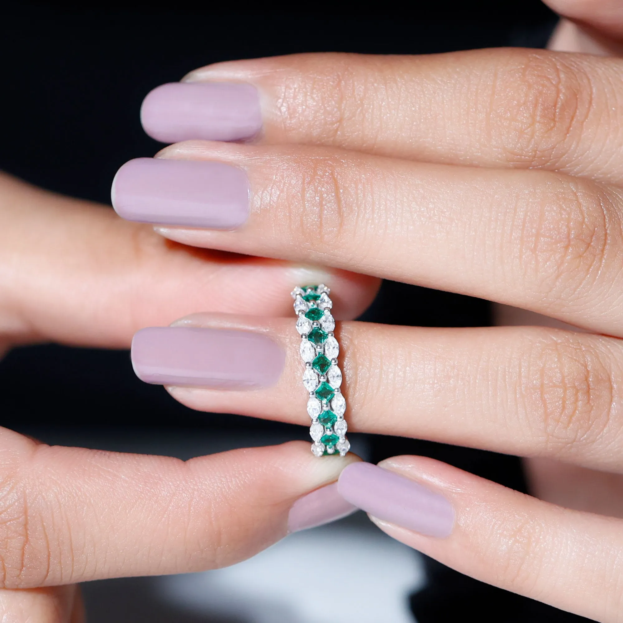 Designer Lab Created Emerald Half Eternity Band with Moissanite