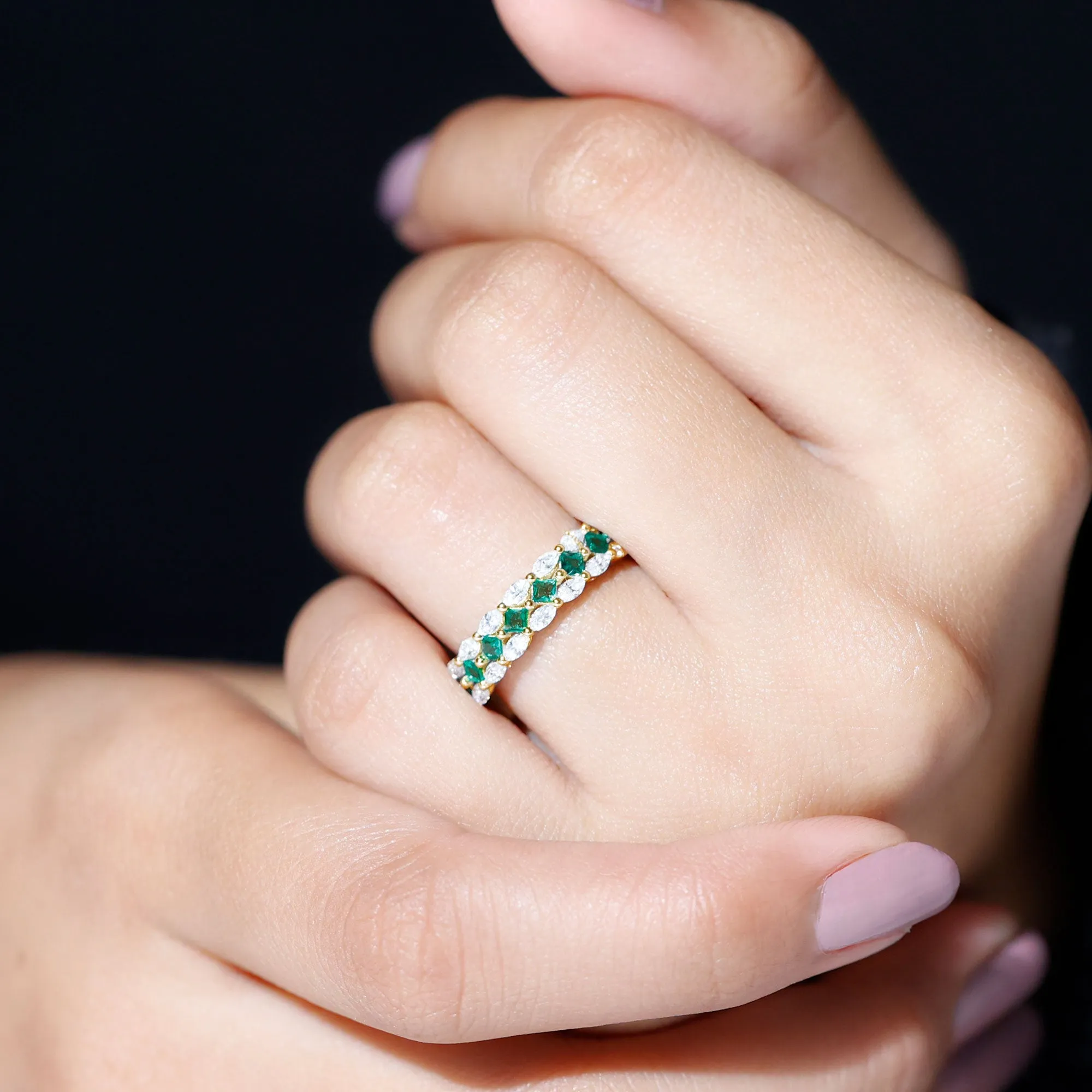 Designer Lab Created Emerald Half Eternity Band with Moissanite