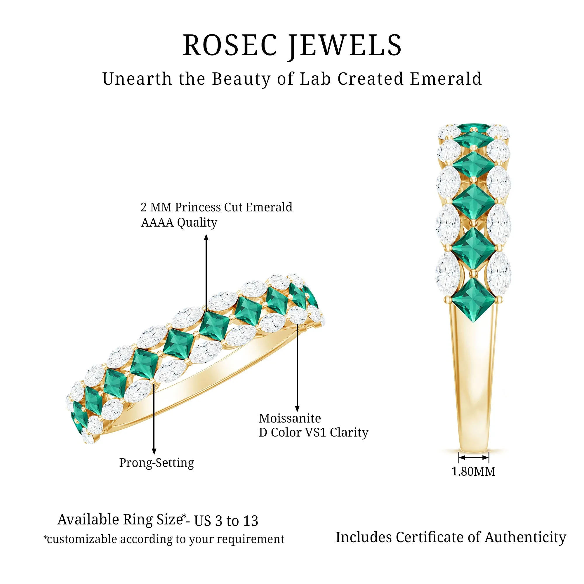 Designer Lab Created Emerald Half Eternity Band with Moissanite