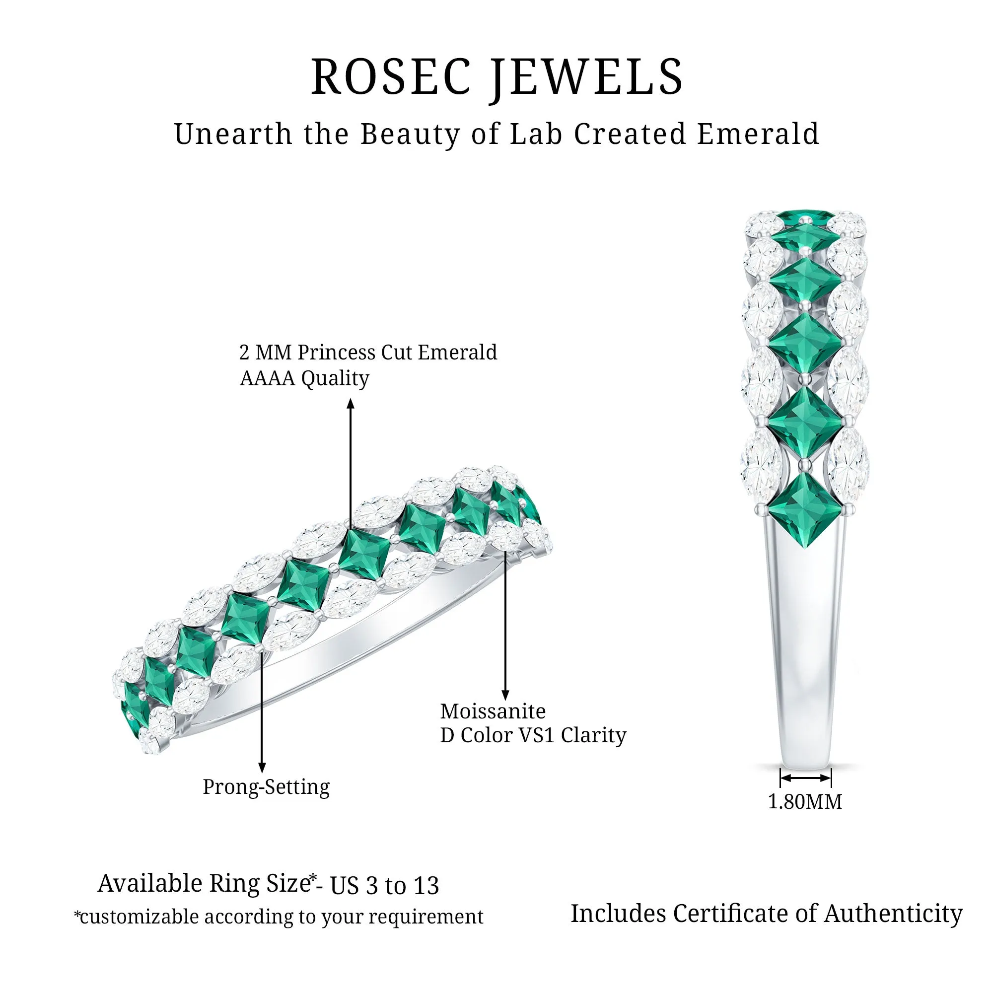 Designer Lab Created Emerald Half Eternity Band with Moissanite