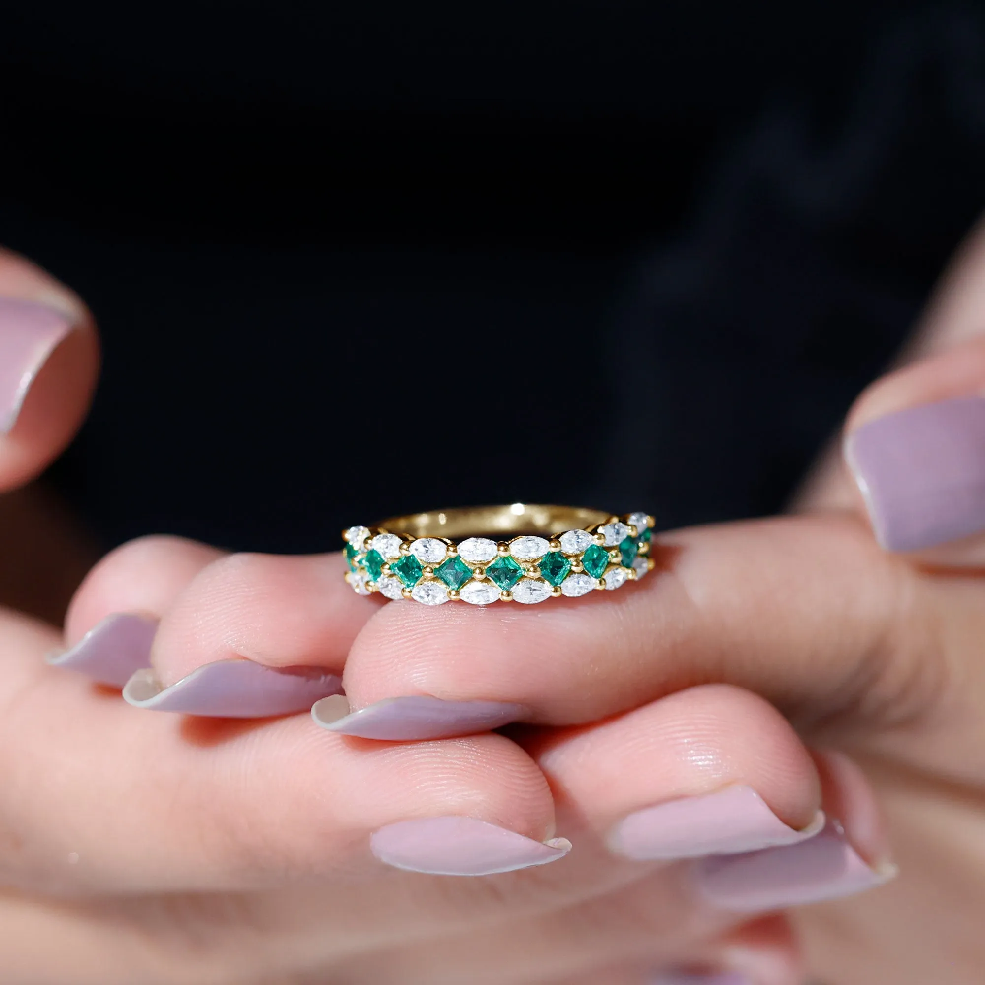 Designer Lab Created Emerald Half Eternity Band with Moissanite