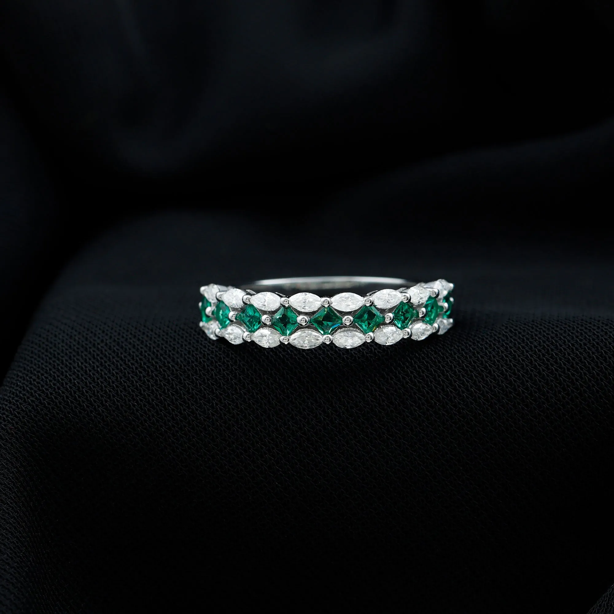 Designer Lab Created Emerald Half Eternity Band with Moissanite