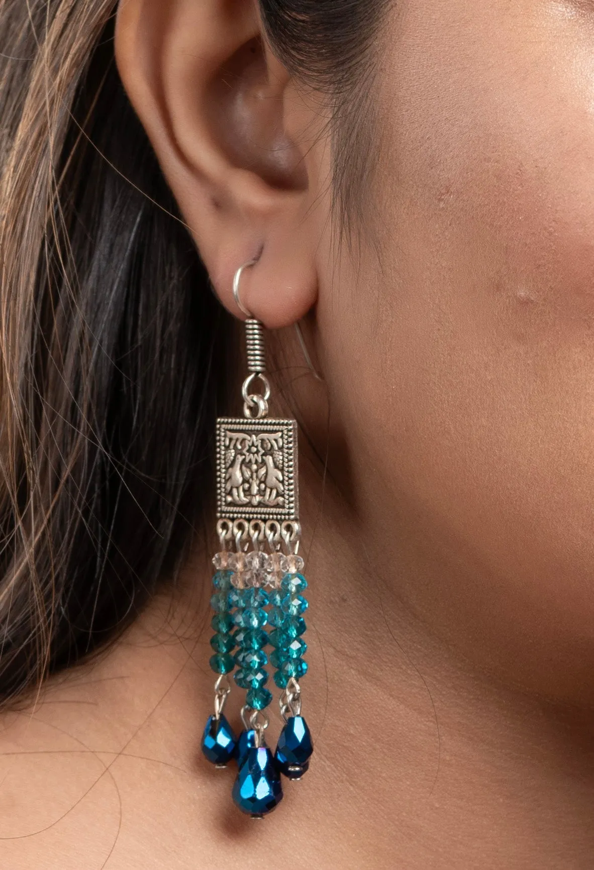 Designer Oxidised Silver Earrings With Blue Drop Crystal Earrings And White Crystals