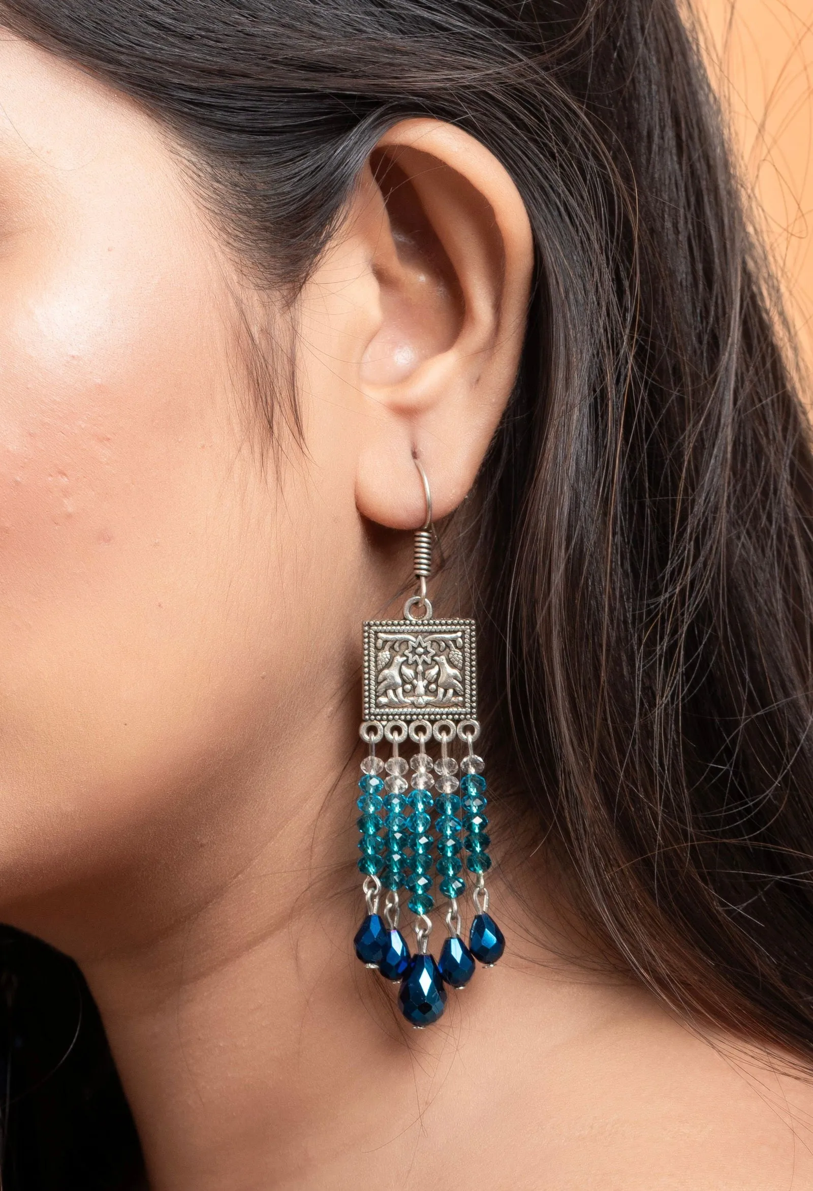 Designer Oxidised Silver Earrings With Blue Drop Crystal Earrings And White Crystals