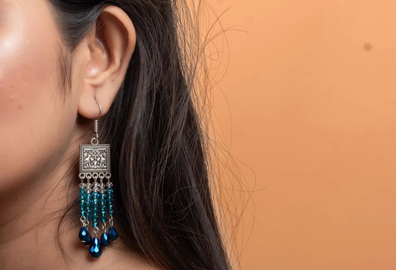 Designer Oxidised Silver Earrings With Blue Drop Crystal Earrings And White Crystals