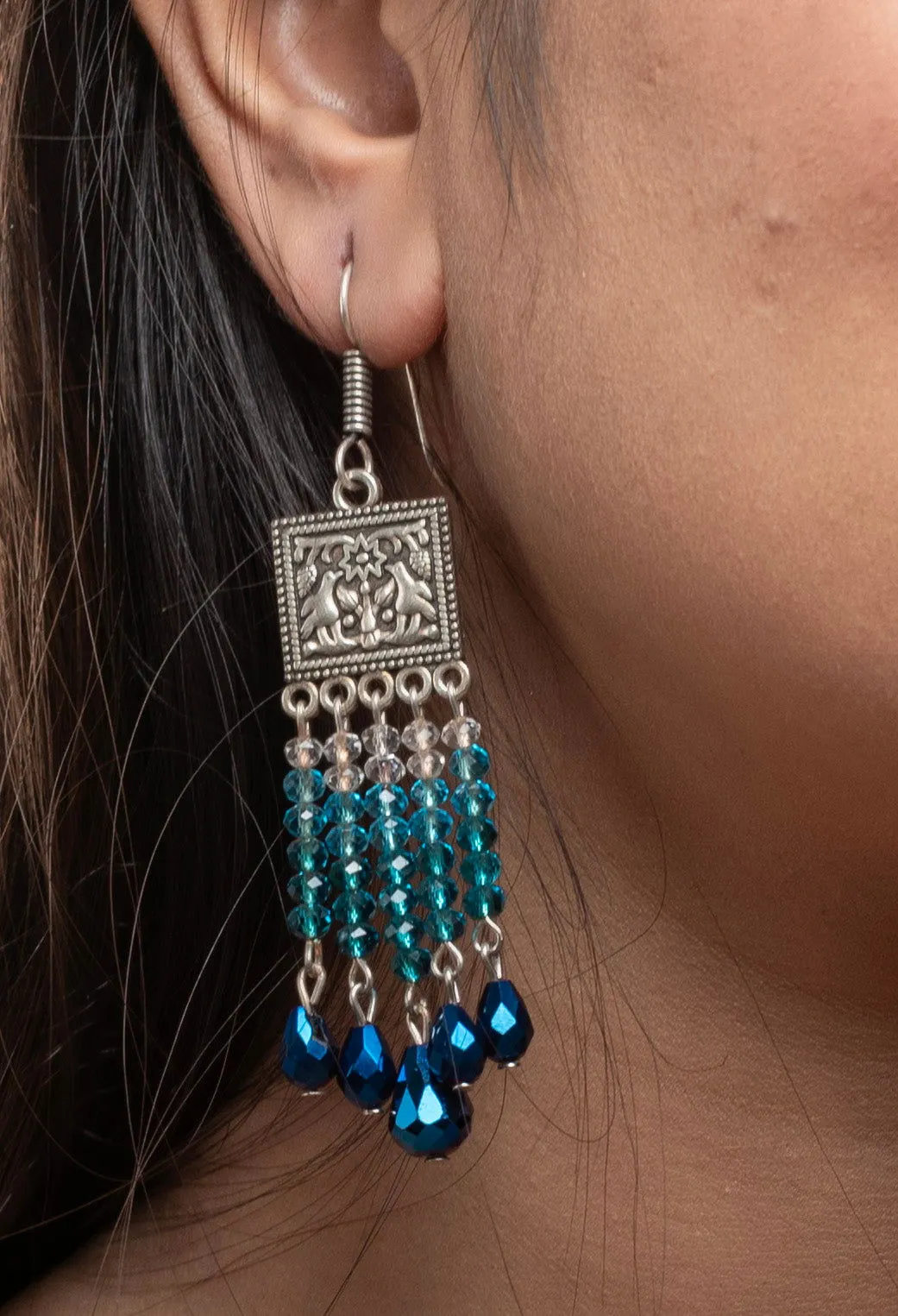 Designer Oxidised Silver Earrings With Blue Drop Crystal Earrings And White Crystals