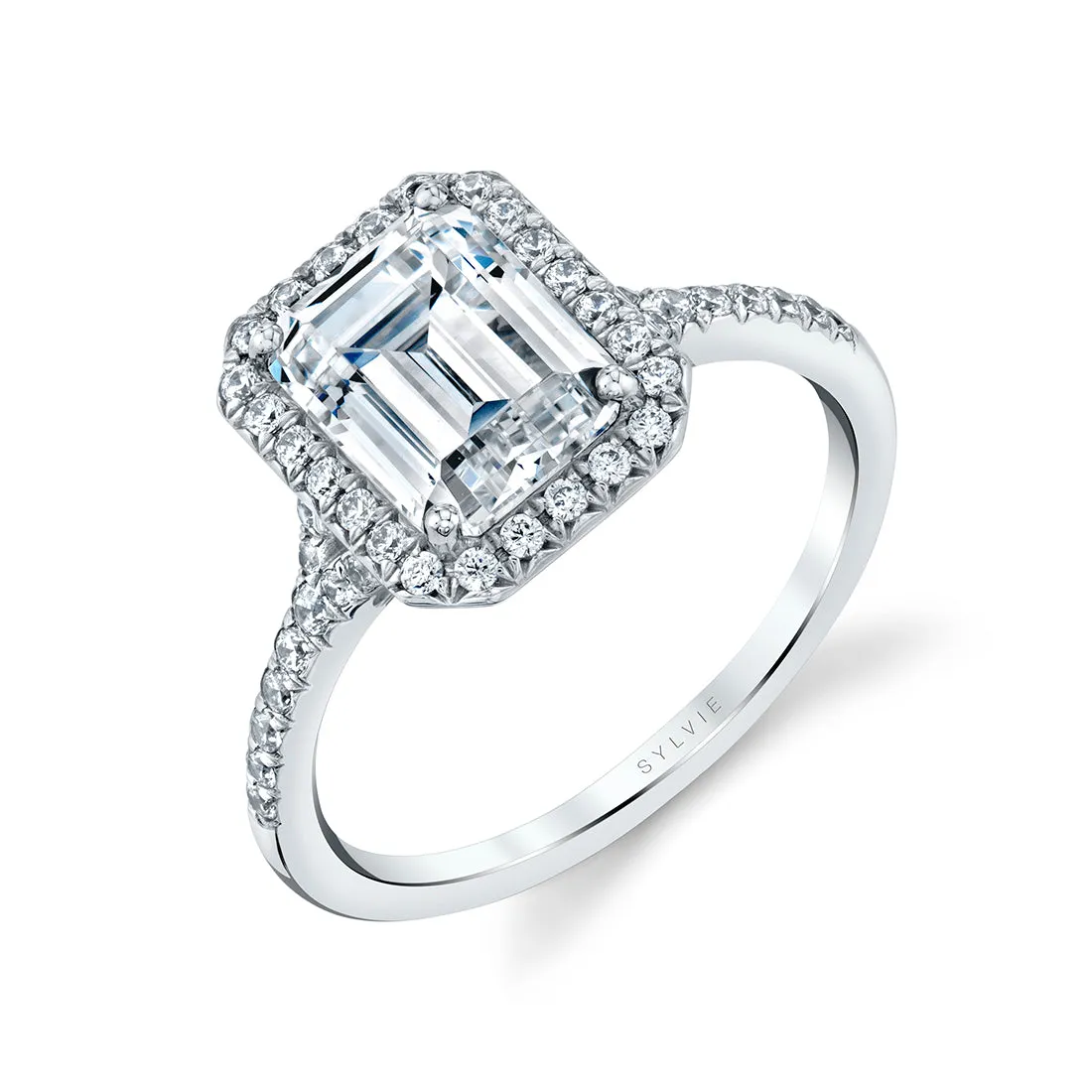 Emerald Cut Halo Engagement Ring - Alexandra 18k Gold White