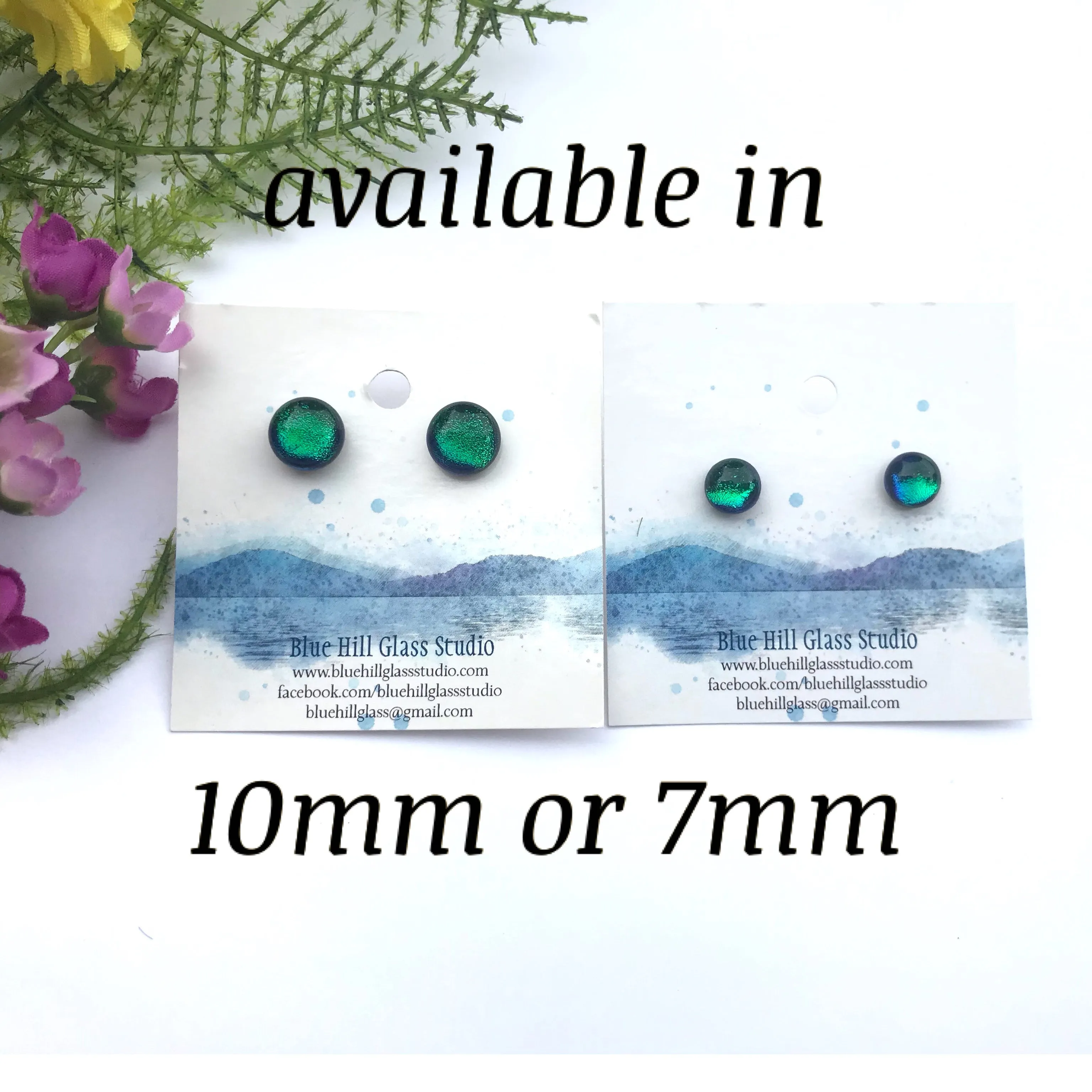 Emerald Green Dichroic Fused Glass Stud Earrings - Hypoallergenic Titanium