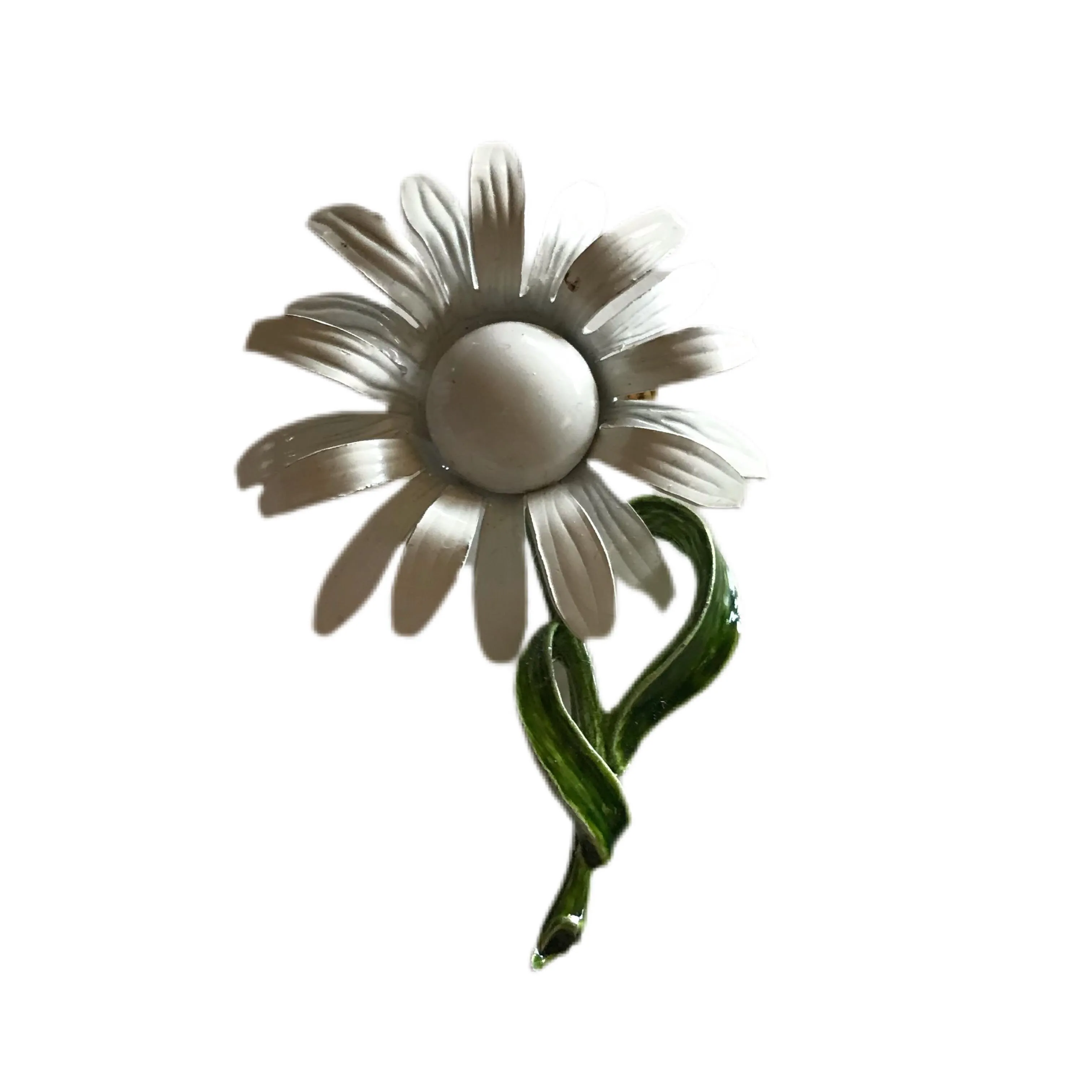 Glossy White Daisy Enameled Metal Brooch circa 1960s