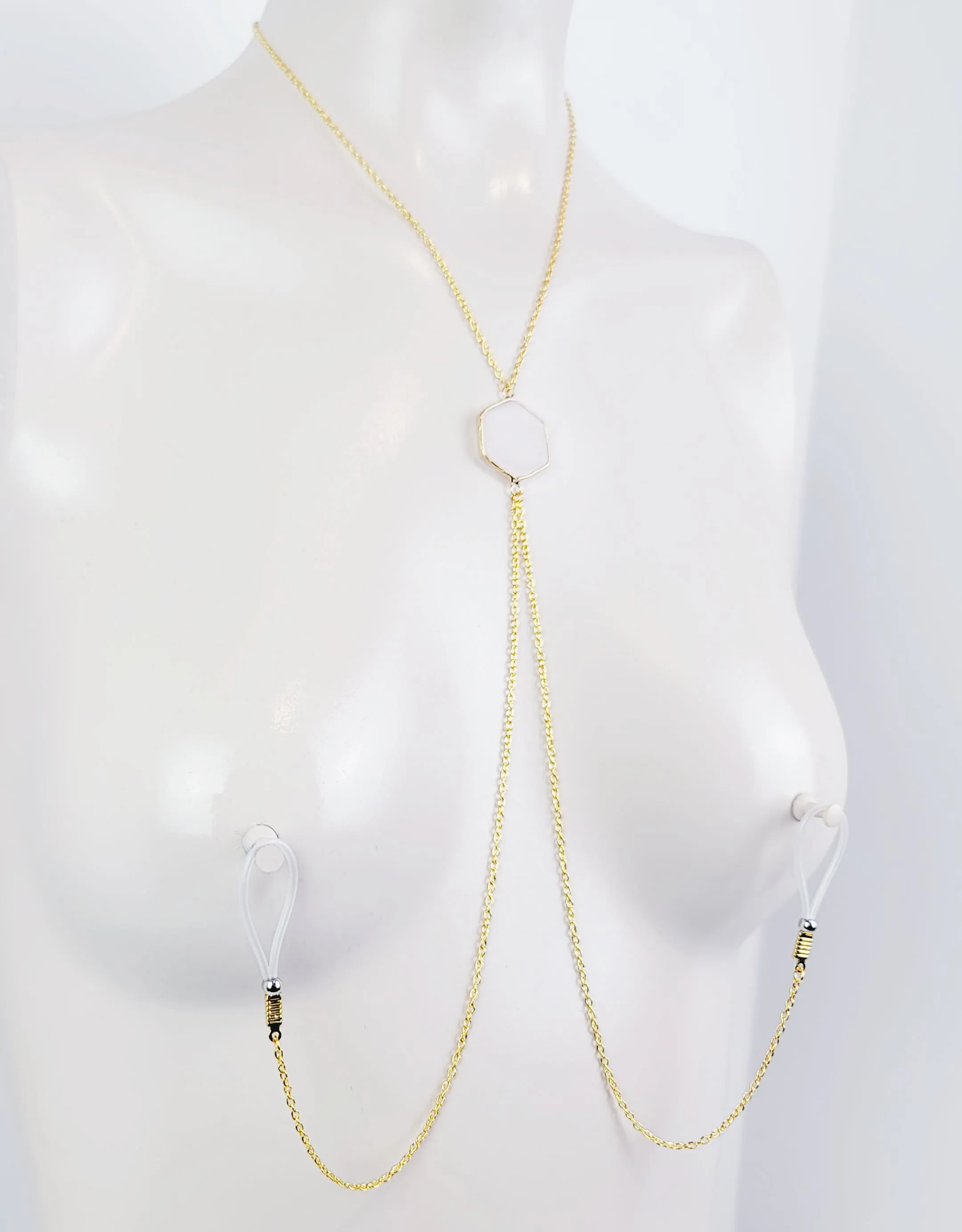 Gold Necklace To Nipple With Semi-Precious Hexagon/ Honeycomb Pendant. Non-Piercing Nipple Nooses or Rings, Nipple Clamps