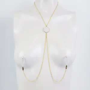 Gold Necklace To Nipple With Semi-Precious Hexagon/ Honeycomb Pendant. Non-Piercing Nipple Nooses or Rings, Nipple Clamps