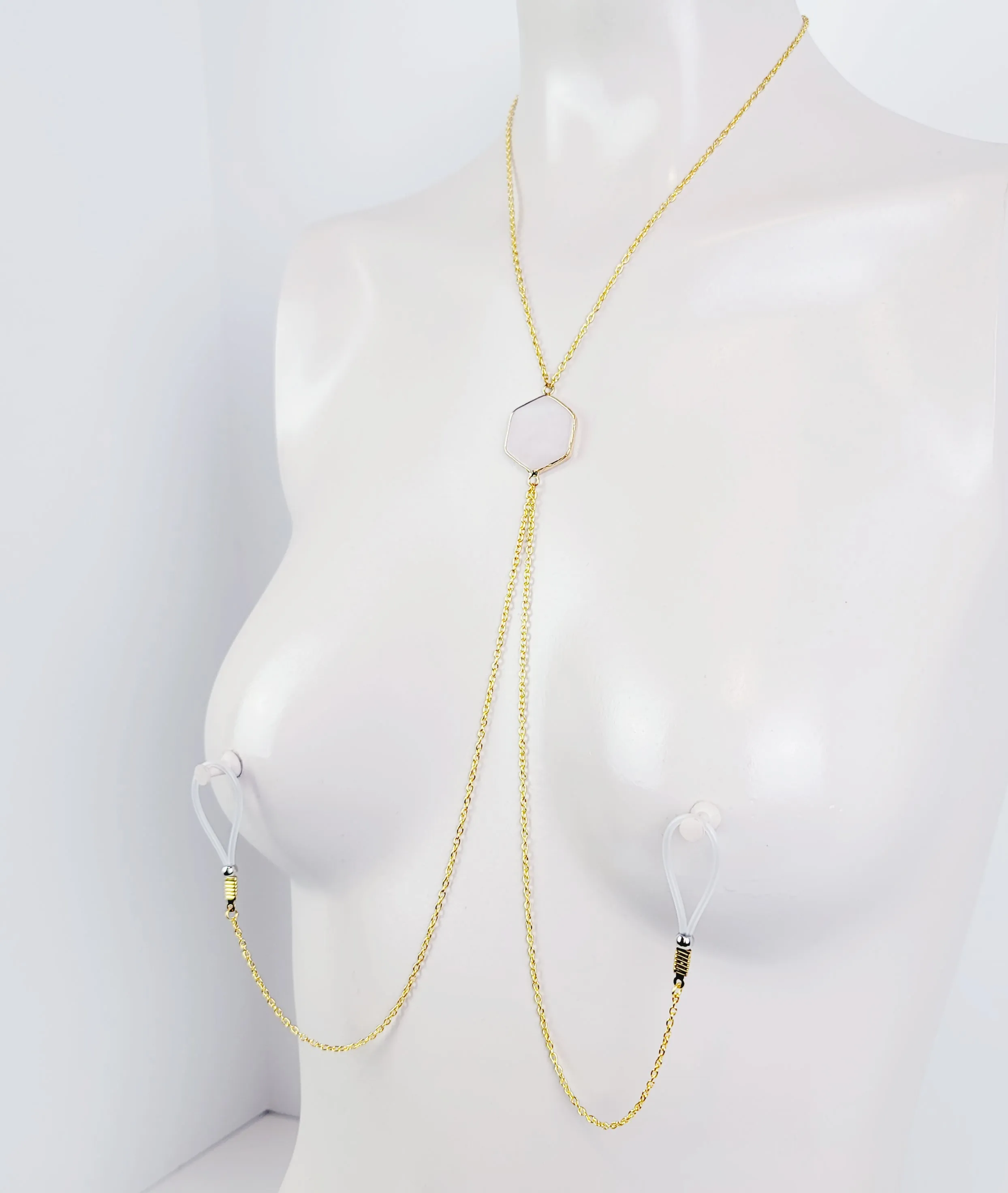 Gold Necklace To Nipple With Semi-Precious Hexagon/ Honeycomb Pendant. Non-Piercing Nipple Nooses or Rings, Nipple Clamps