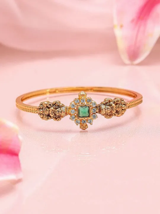 Gold-Plated Emerald Green & White Cubic Zirconia Studded Traditional Bracelet