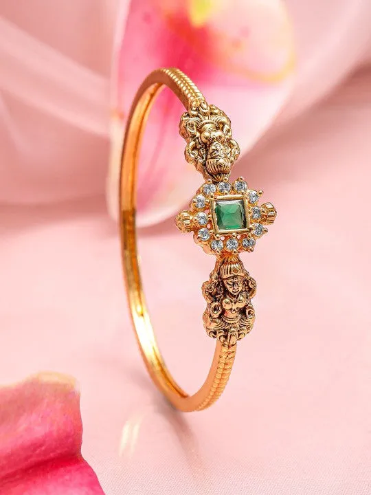 Gold-Plated Emerald Green & White Cubic Zirconia Studded Traditional Bracelet